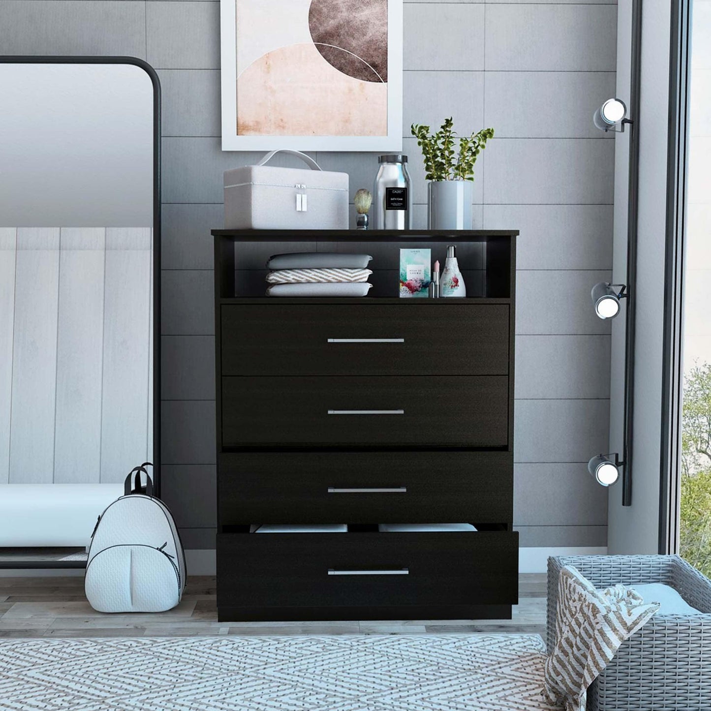 Modern Black Four Drawer Dresser with Hutch - AFS