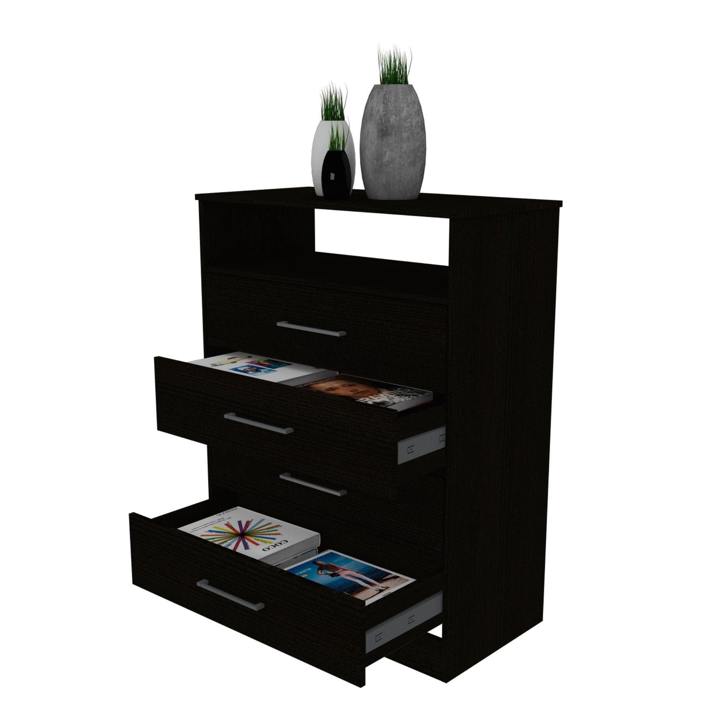 Modern Black Four Drawer Dresser with Hutch - AFS