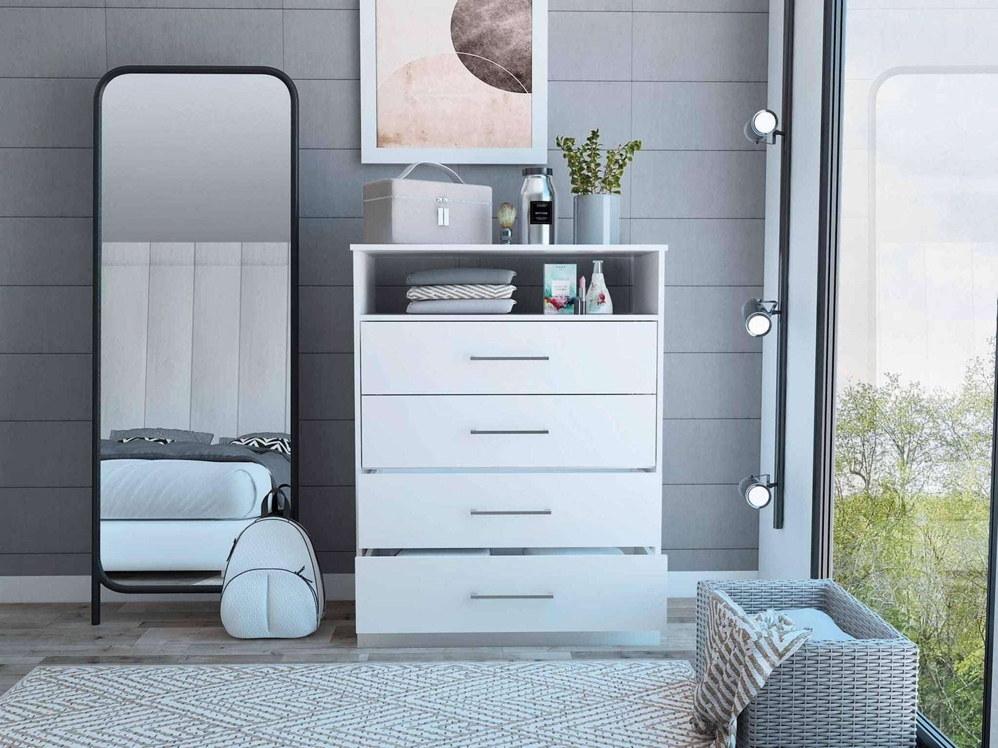 Modern White Four Drawer Dresser with Hutch - AFS