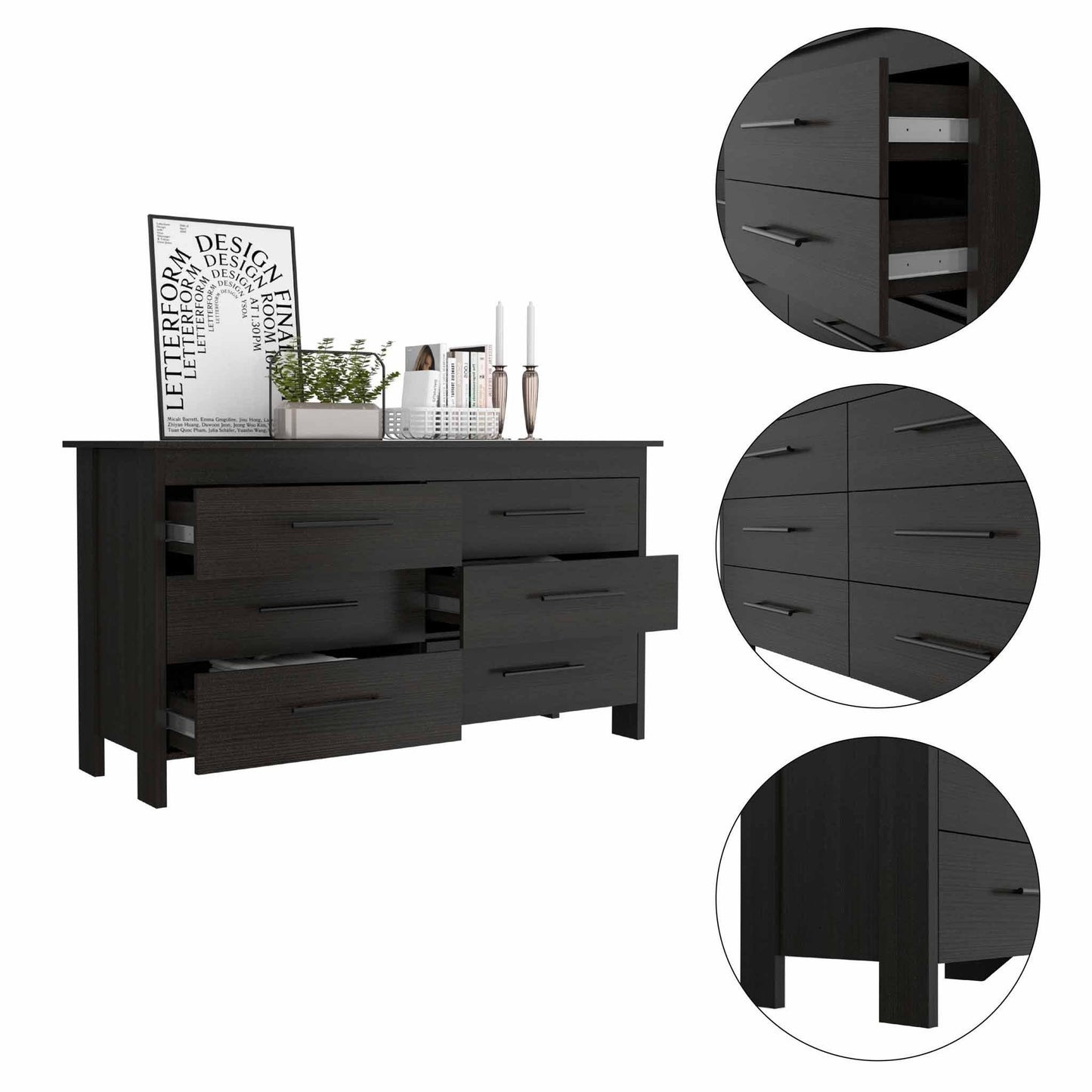 58" Black Six Drawer Double Dresser - AFS