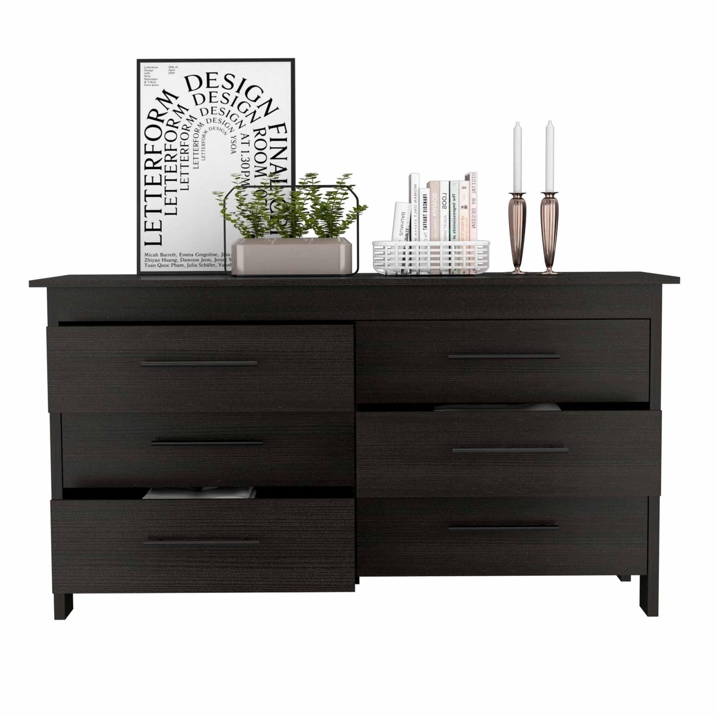 58" Black Six Drawer Double Dresser - AFS