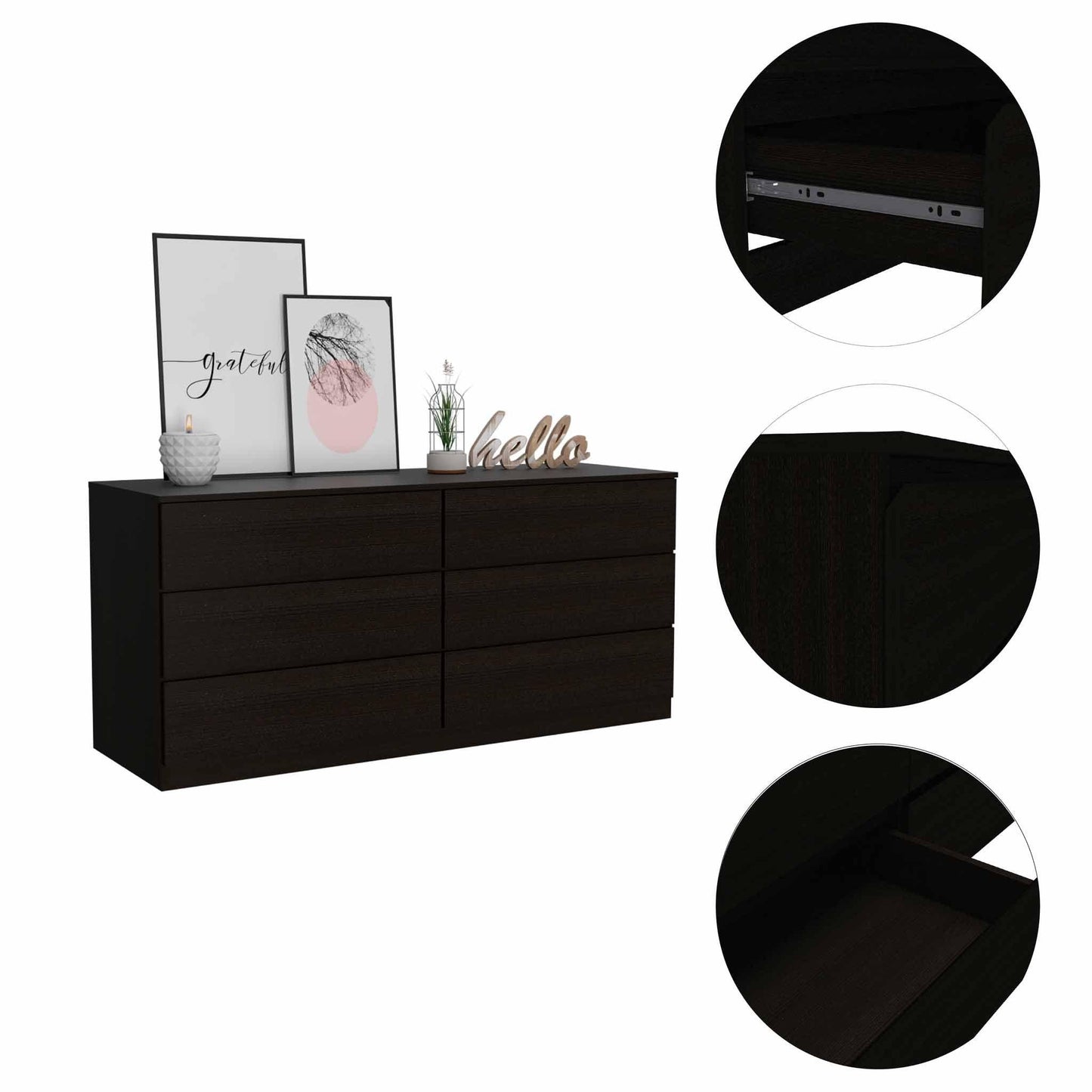 60" Black Six Drawer Double Dresser - AFS