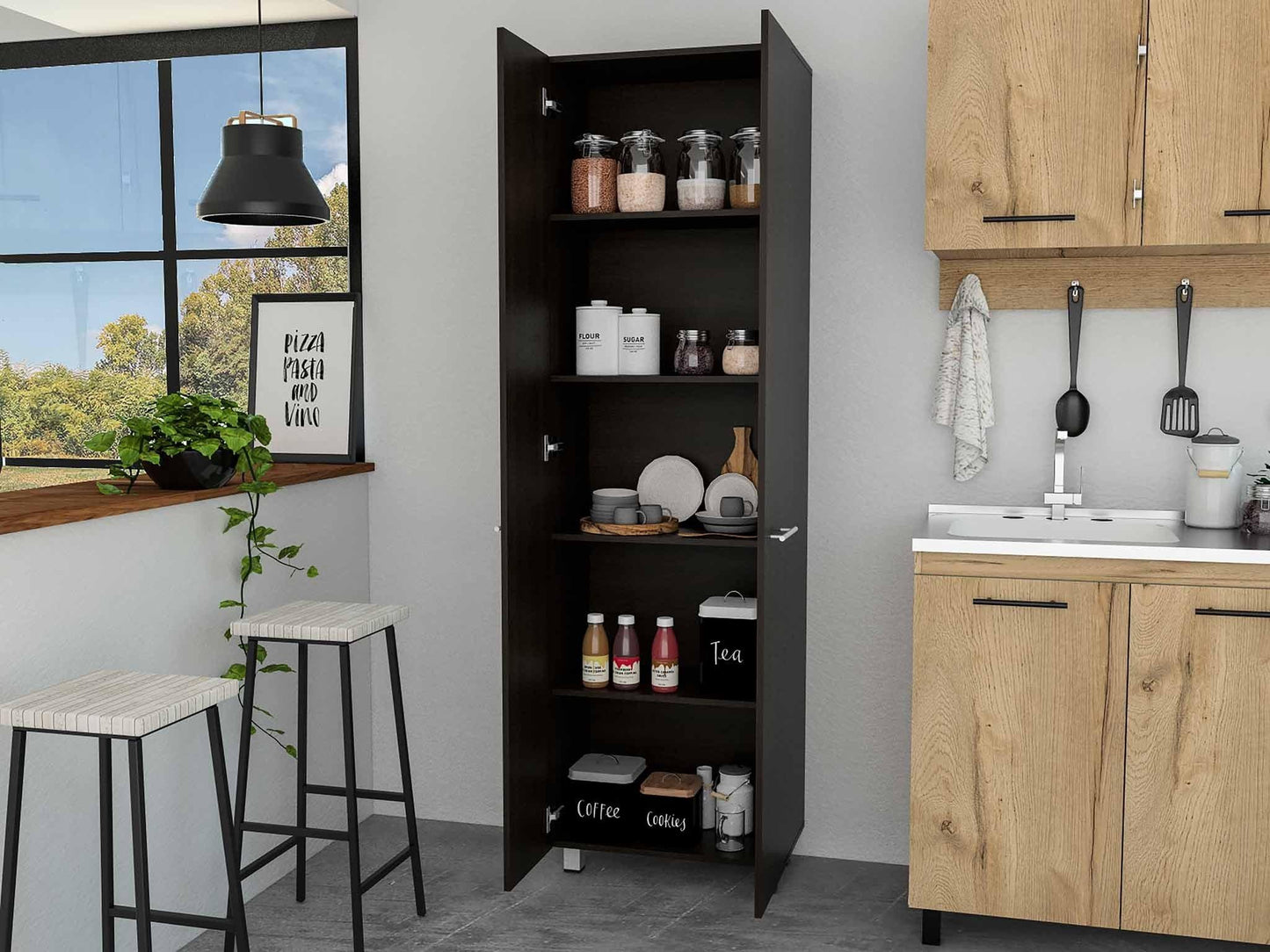 78" Modern Black Pantry Cabinet with Two Full Size Doors - AFS