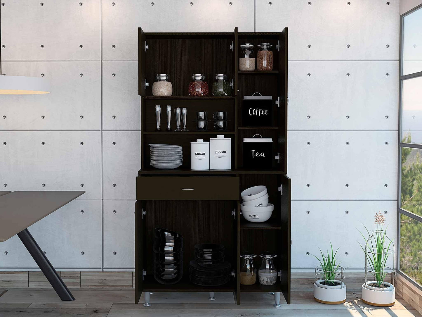 Modern Black Pantry Cabinet with Multiple Storage Shelves - AFS