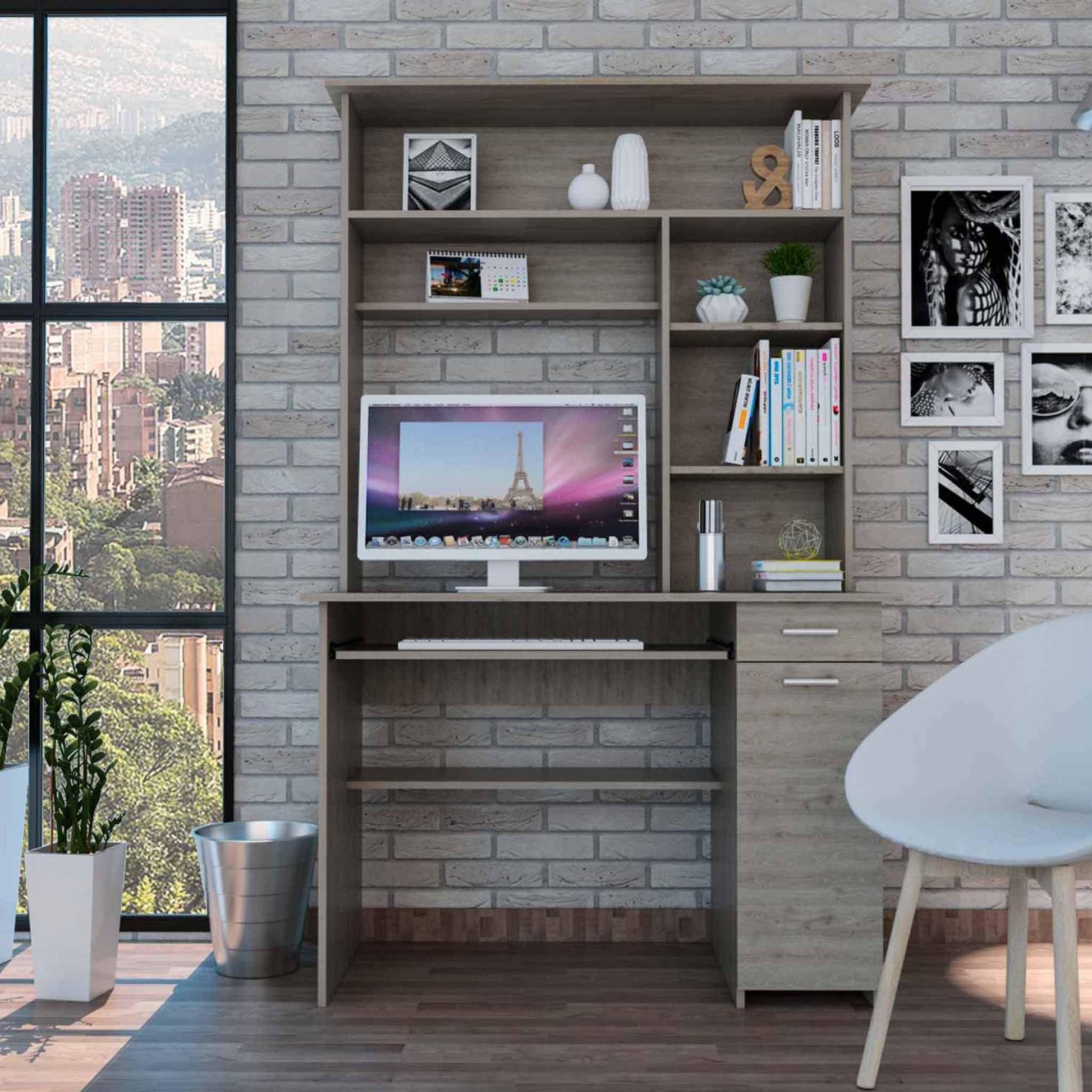 Zeno Light Gray Computer Desk with Hutch - AFS