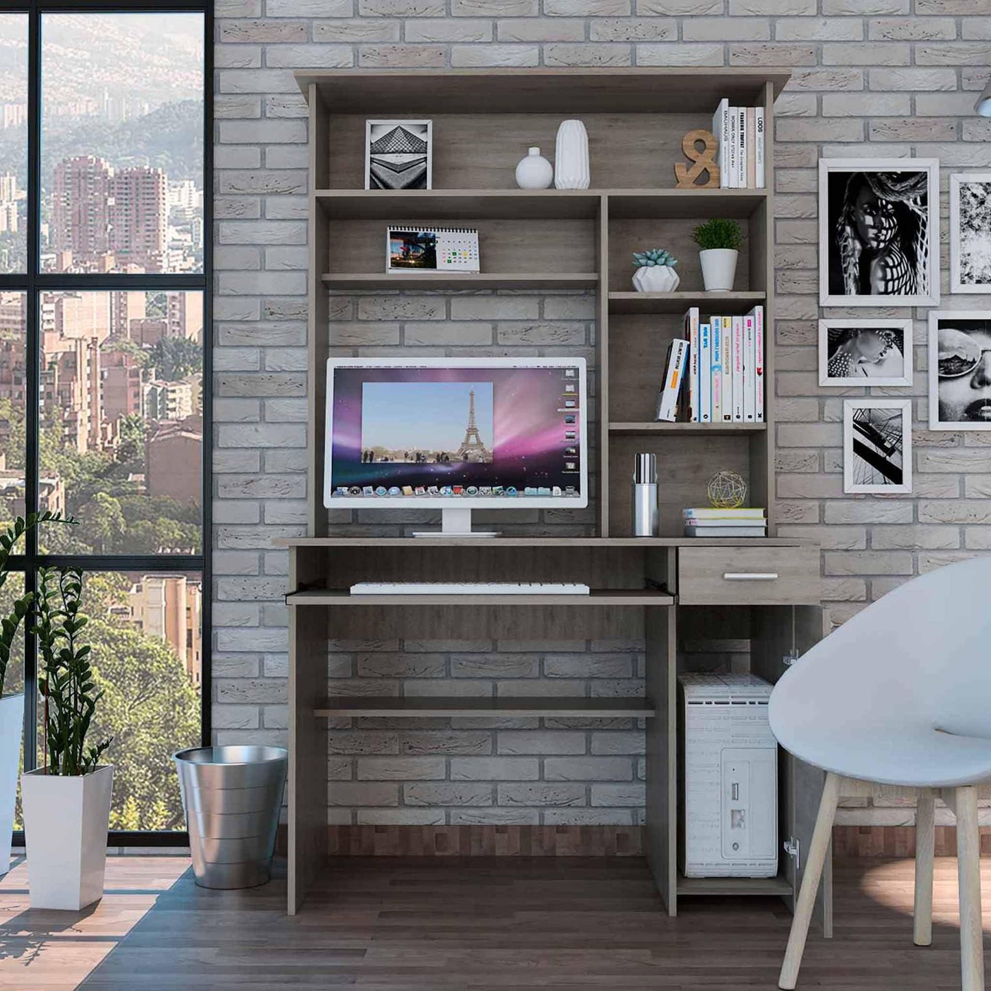 Zeno Light Gray Computer Desk with Hutch - AFS