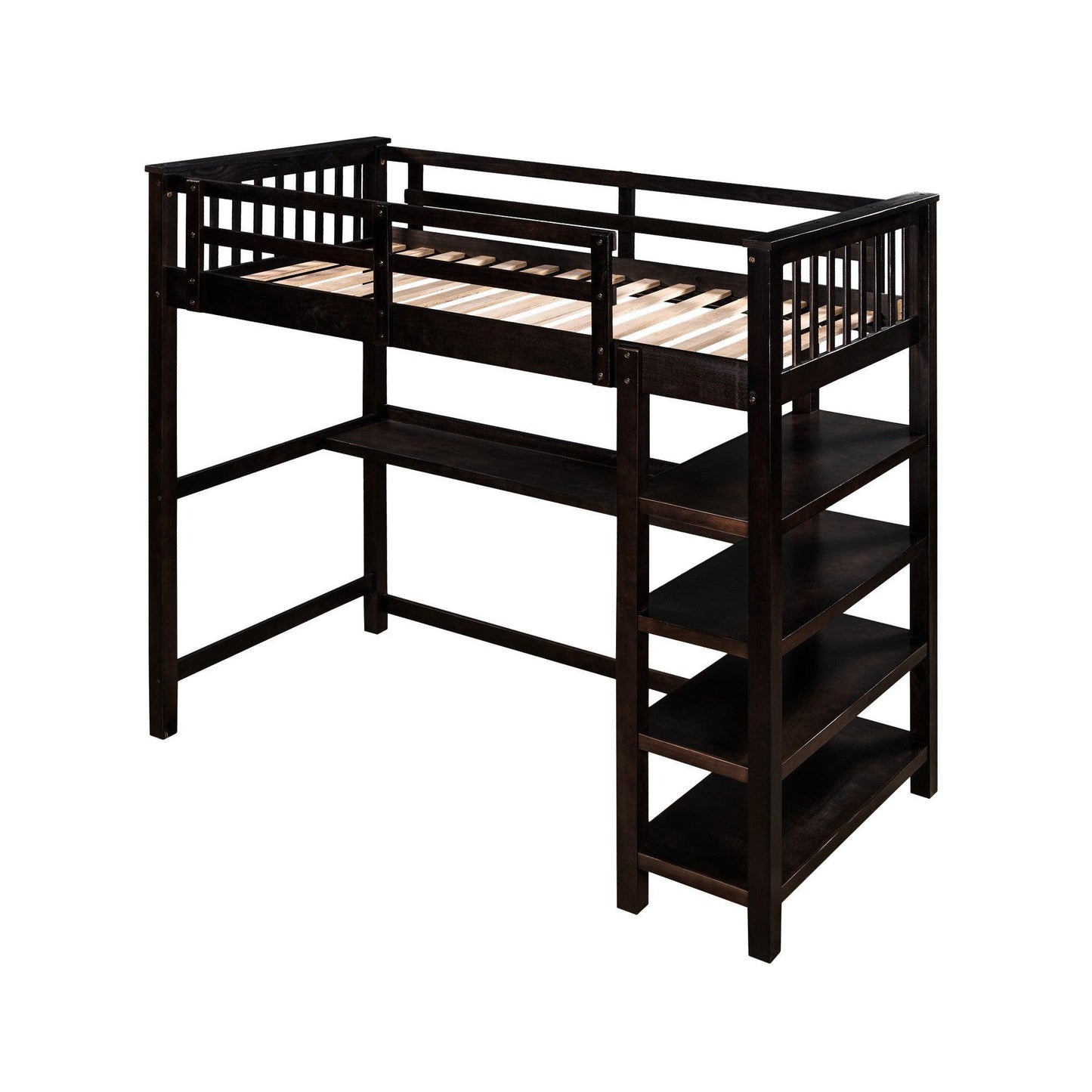 Espresso Twin Size Wood Loft Bed with Storage Shelves and Desk - AFS