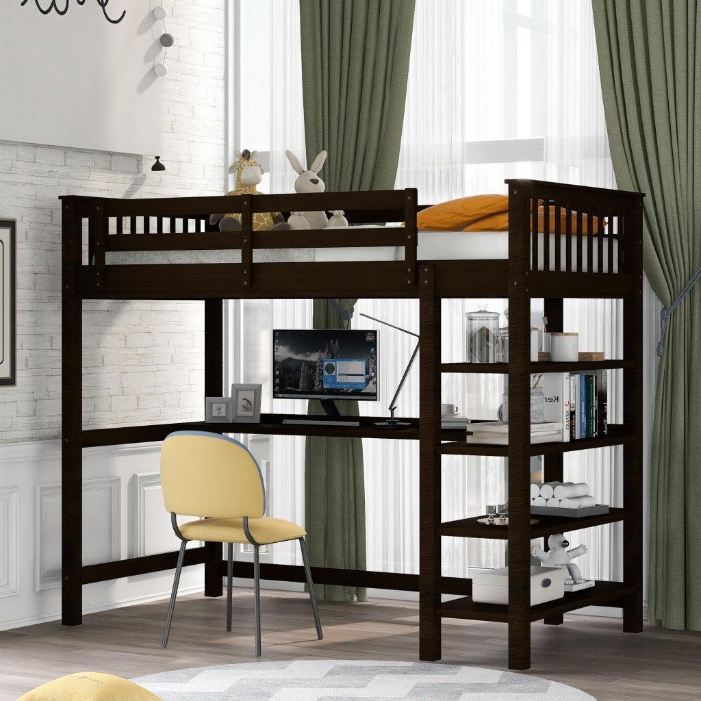 Espresso Twin Size Wood Loft Bed with Storage Shelves and Desk - AFS