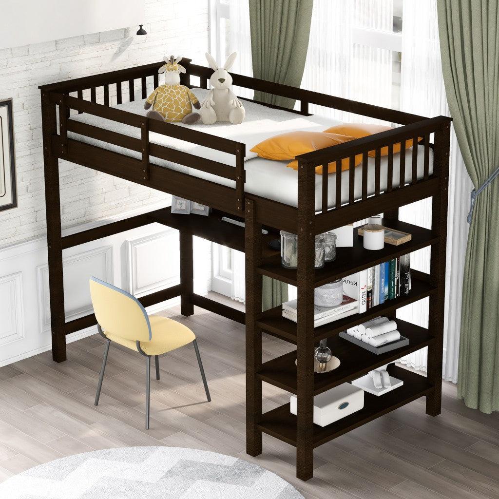 Espresso Twin Size Wood Loft Bed with Storage Shelves and Desk - AFS