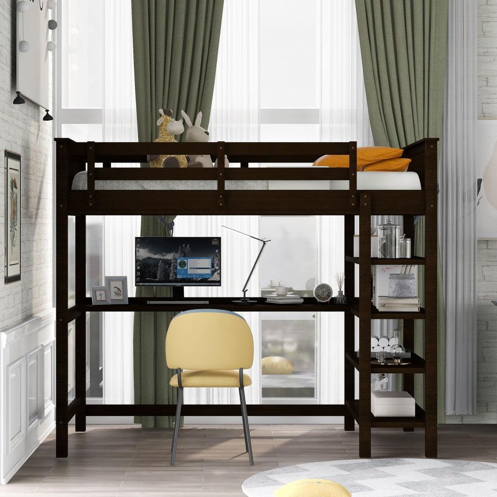 Espresso Twin Size Wood Loft Bed with Storage Shelves and Desk - AFS