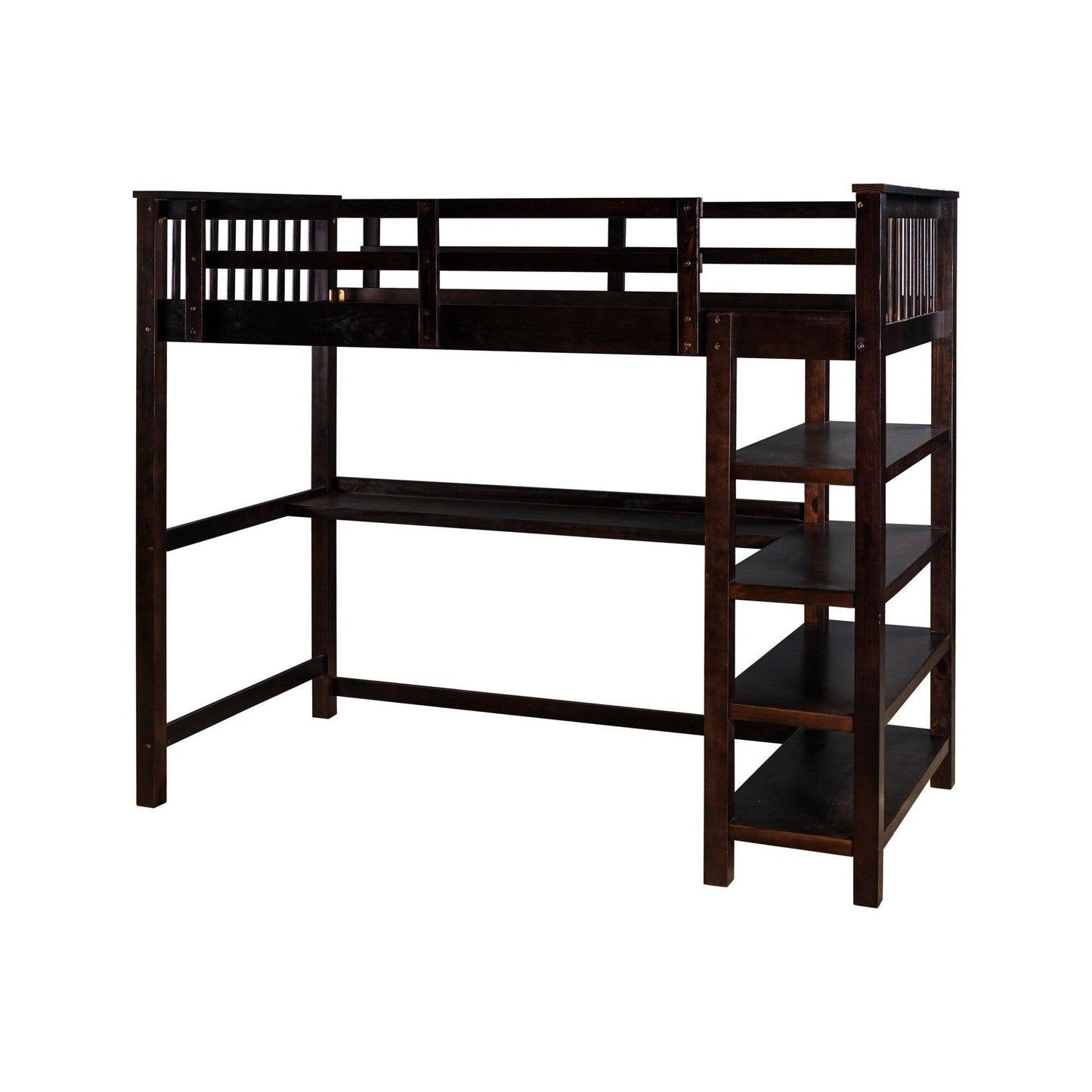 Espresso Twin Size Wood Loft Bed with Storage Shelves and Desk - AFS