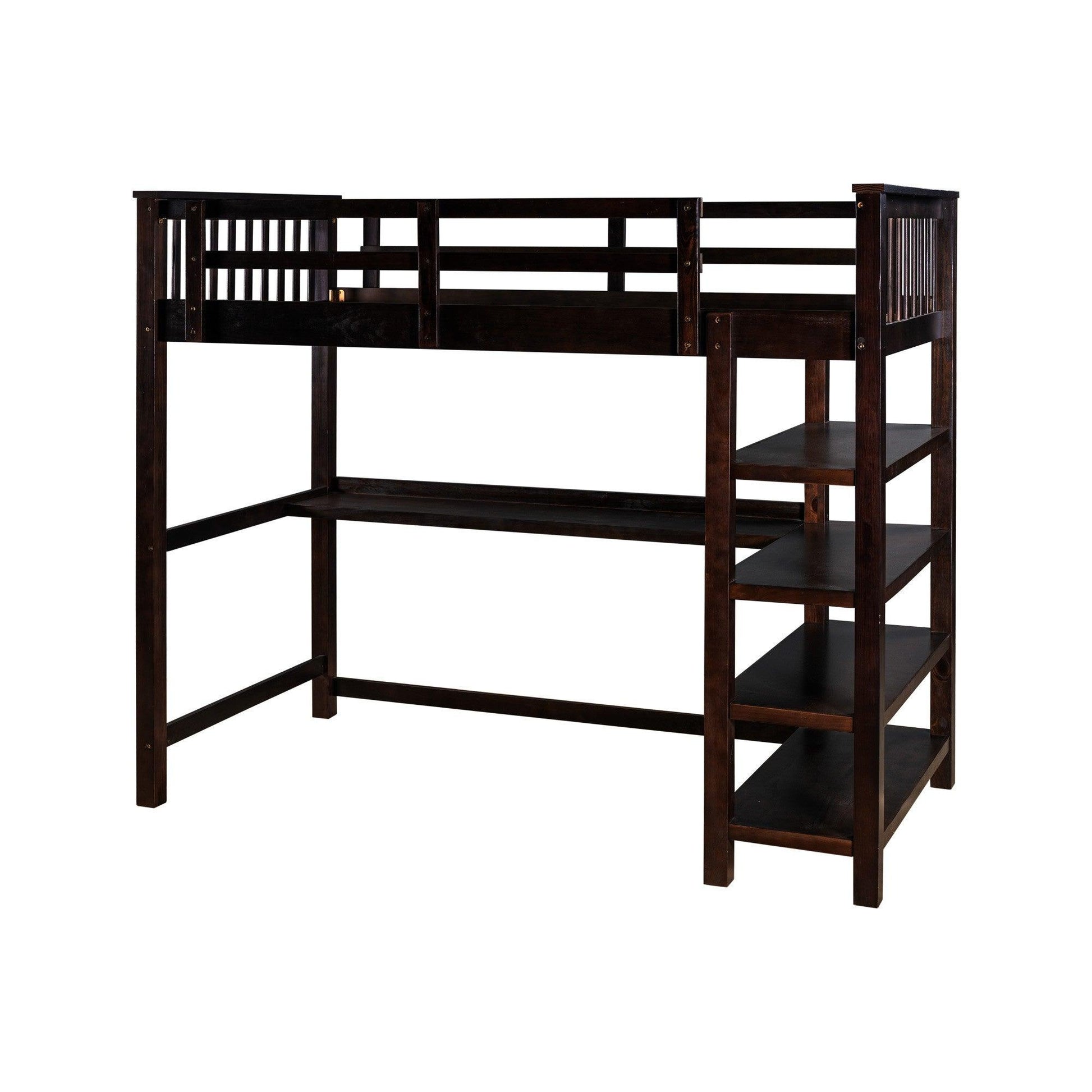 Espresso Twin Size Wood Loft Bed with Storage Shelves and Desk - AFS