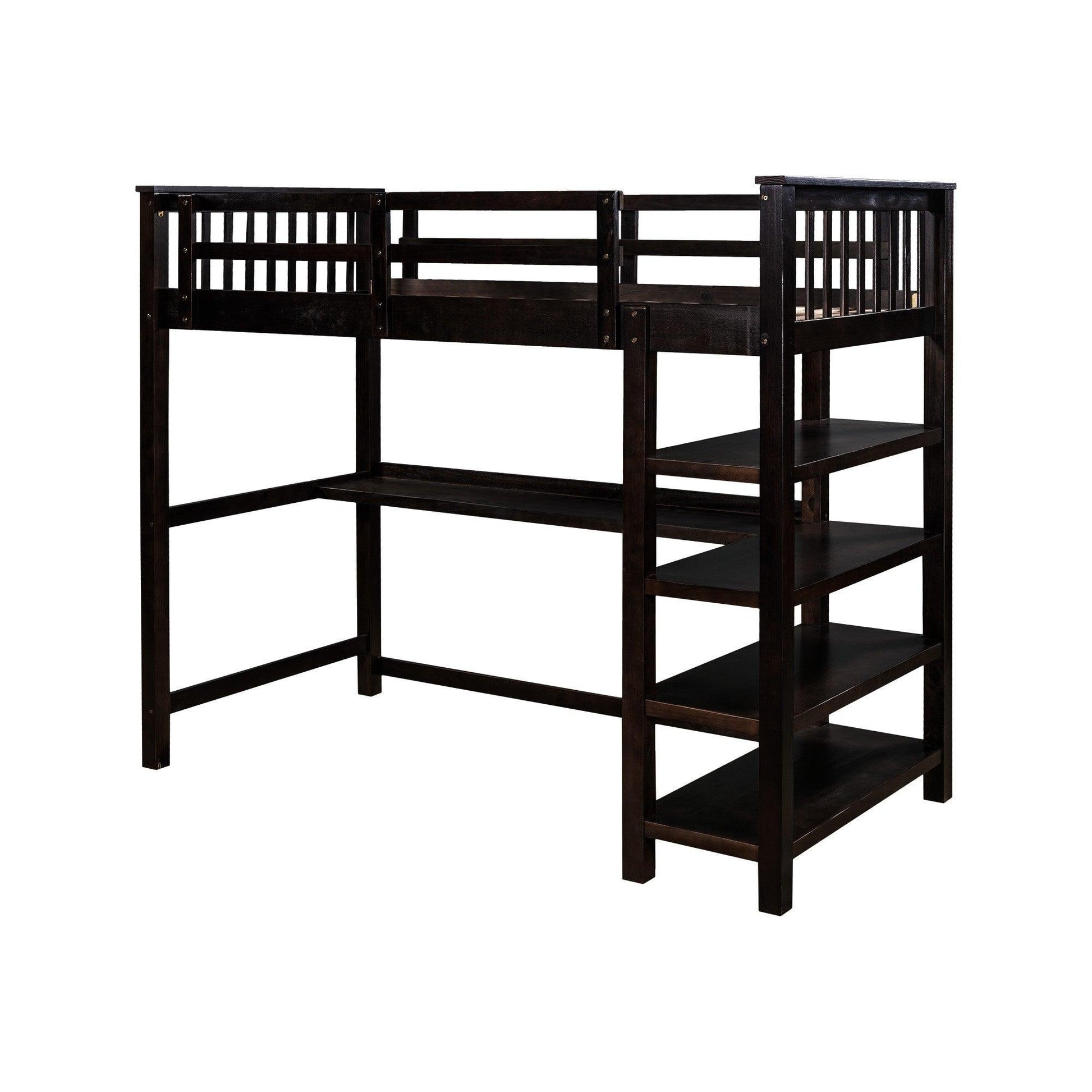 Espresso Twin Size Wood Loft Bed with Storage Shelves and Desk - AFS