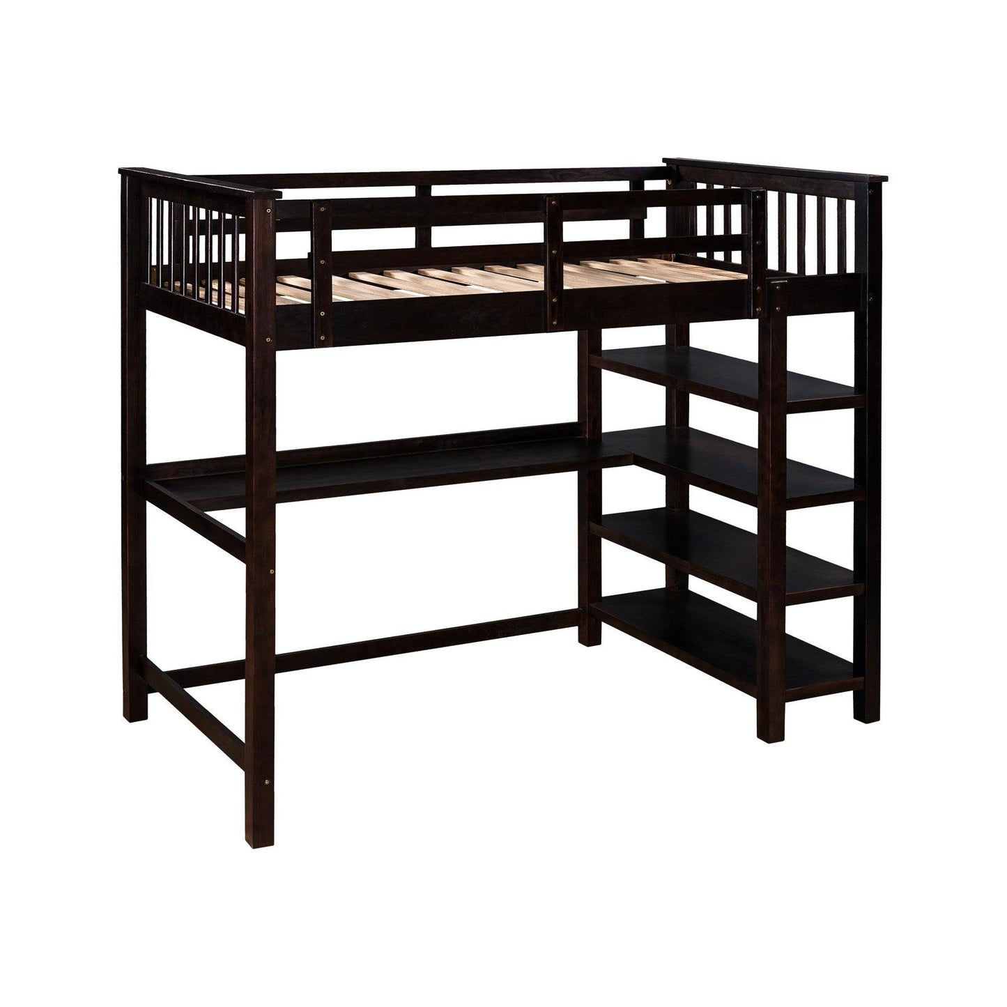 Espresso Twin Size Wood Loft Bed with Storage Shelves and Desk - AFS