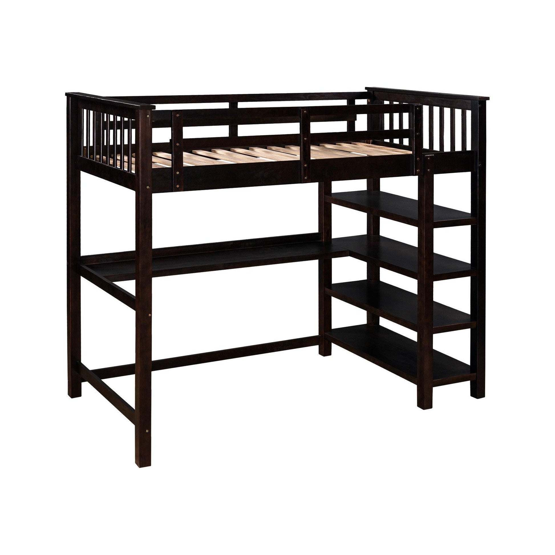 Espresso Twin Size Wood Loft Bed with Storage Shelves and Desk - AFS