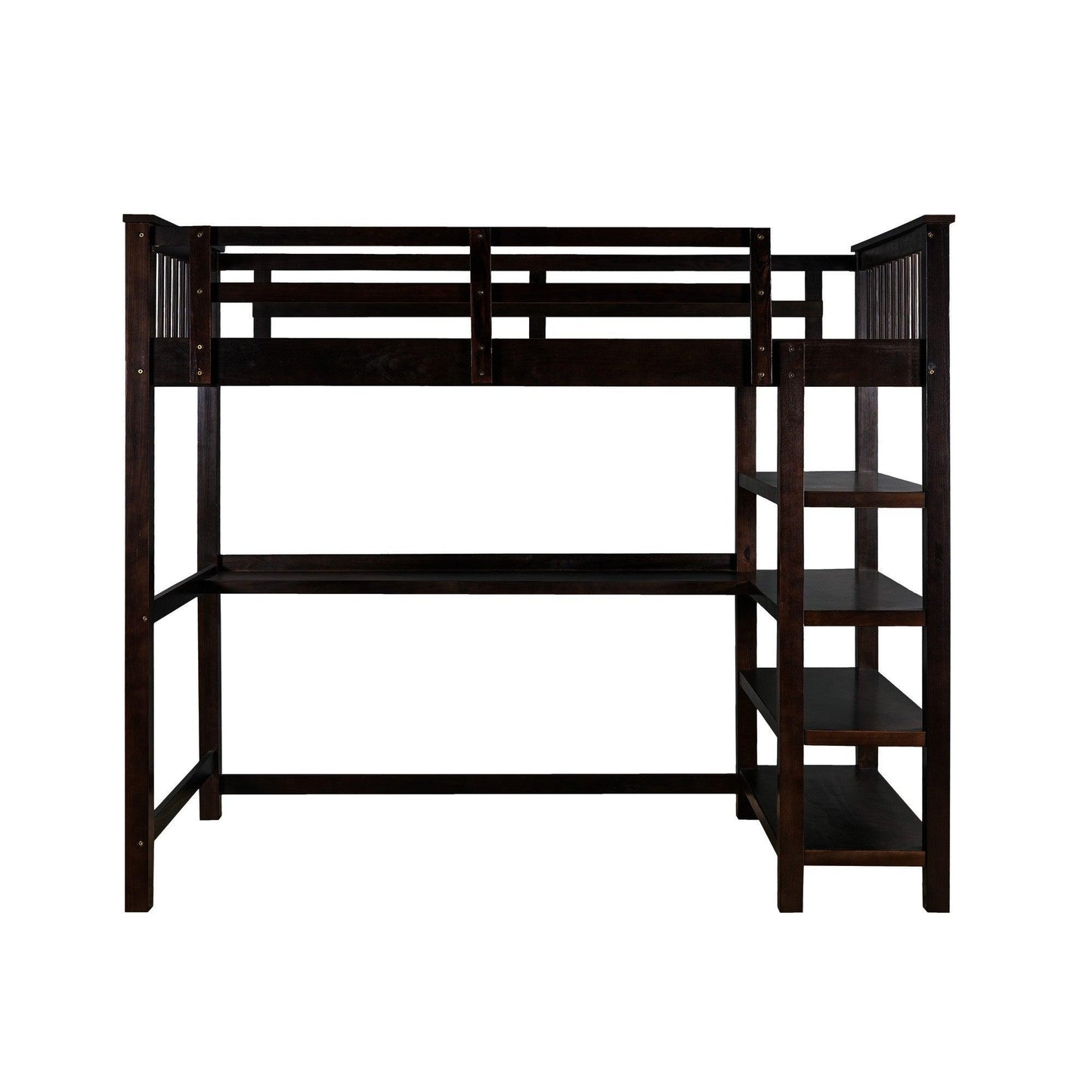 Espresso Twin Size Wood Loft Bed with Storage Shelves and Desk - AFS