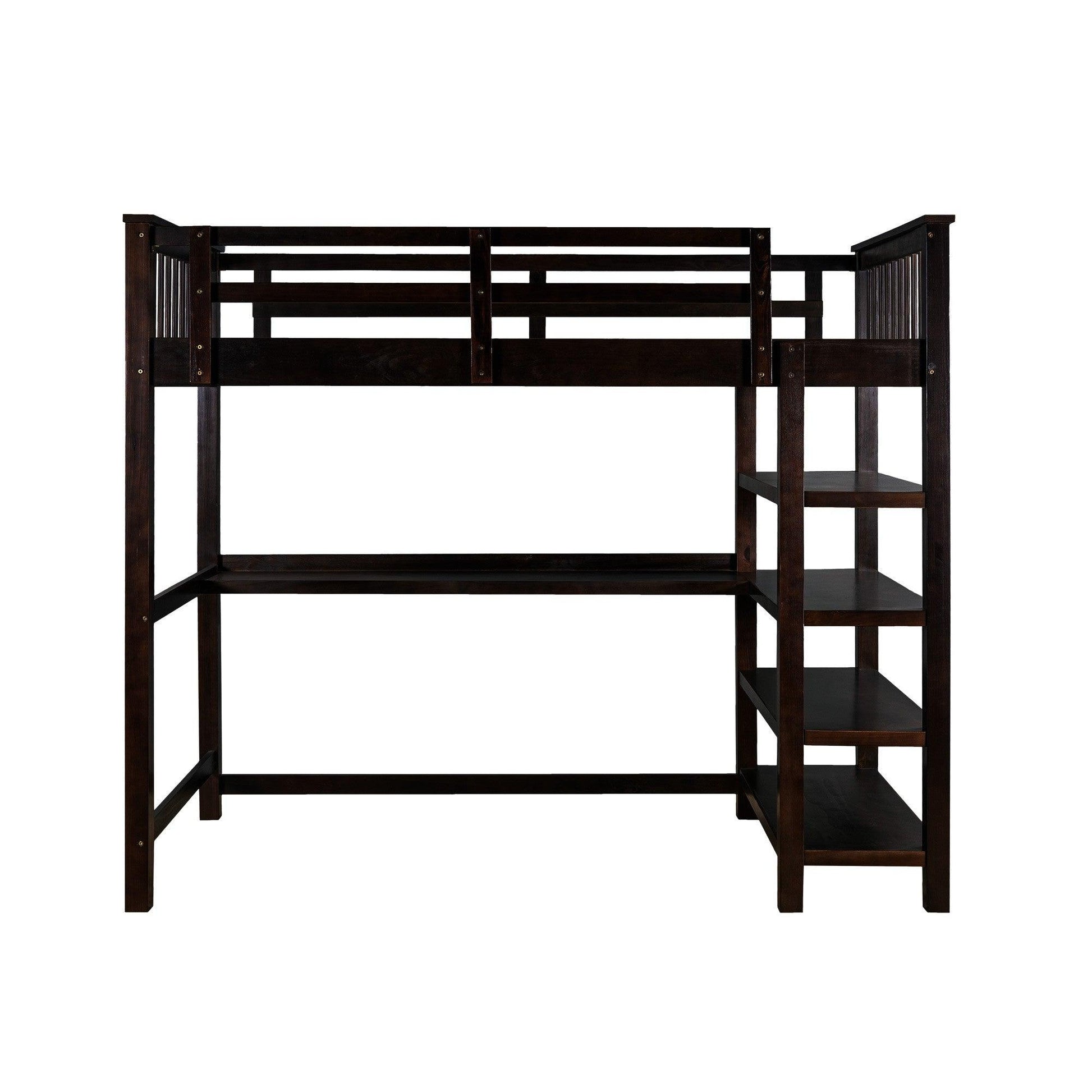 Espresso Twin Size Wood Loft Bed with Storage Shelves and Desk - AFS