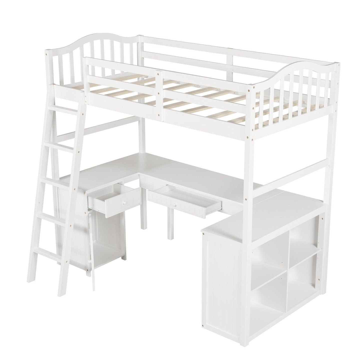 Modern Classic White Twin Loft Bed with Book Shelf Desk and Cabinet - AFS