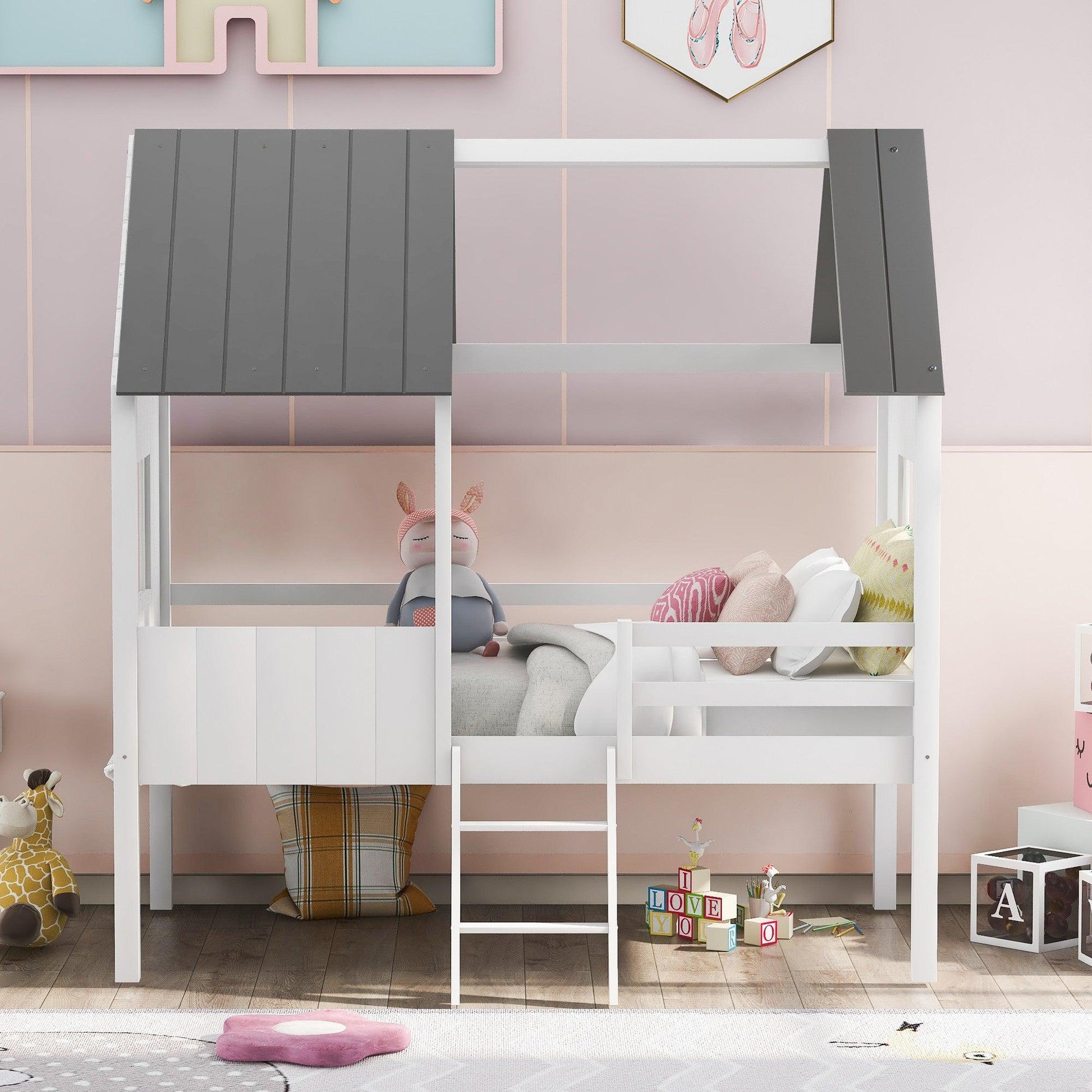 Gray and White Twin Size Loft House Bed with Side Windows - AFS