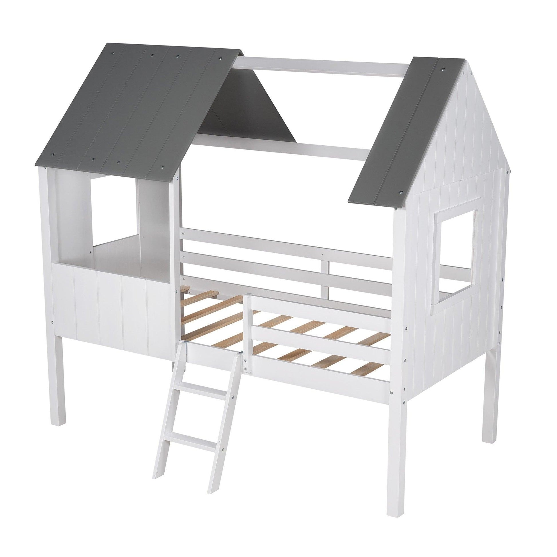 Gray and White Twin Size Loft House Bed with Side Windows - AFS