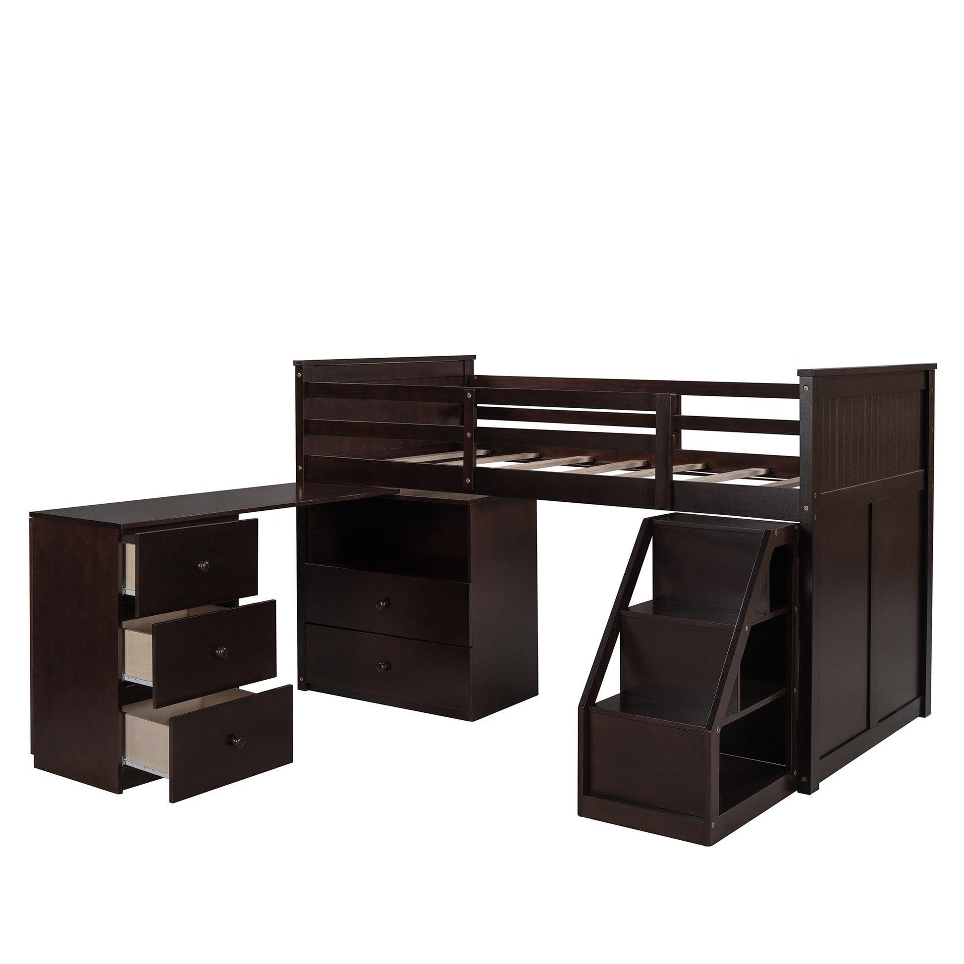 Brown Twin Size Low Loft Bed With Portable Desk - AFS