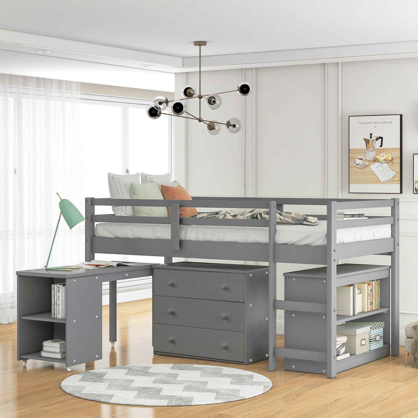 Gray Low Twin Loft Bed With Cabinet and Desk - AFS