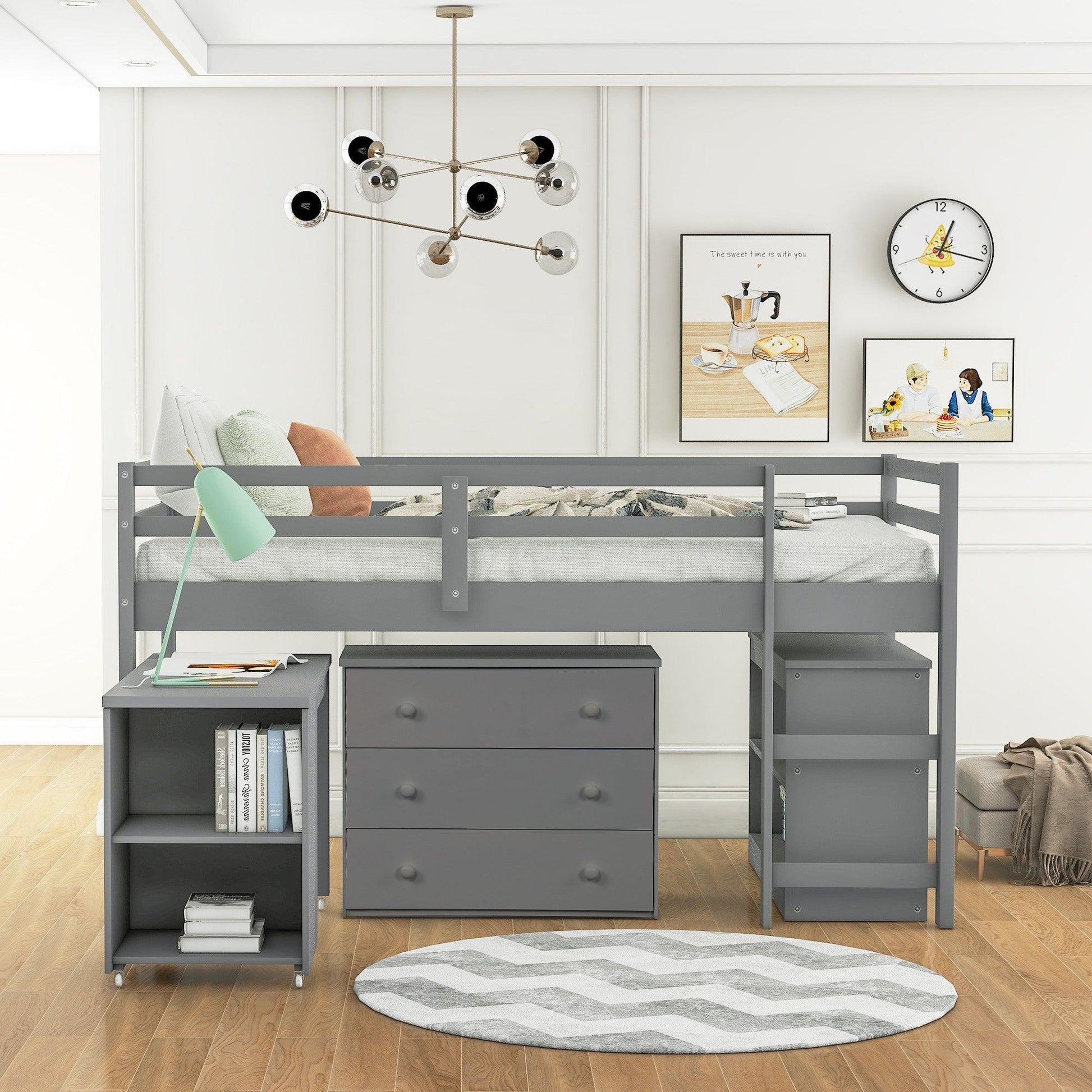 Gray Low Twin Loft Bed With Cabinet and Desk - AFS