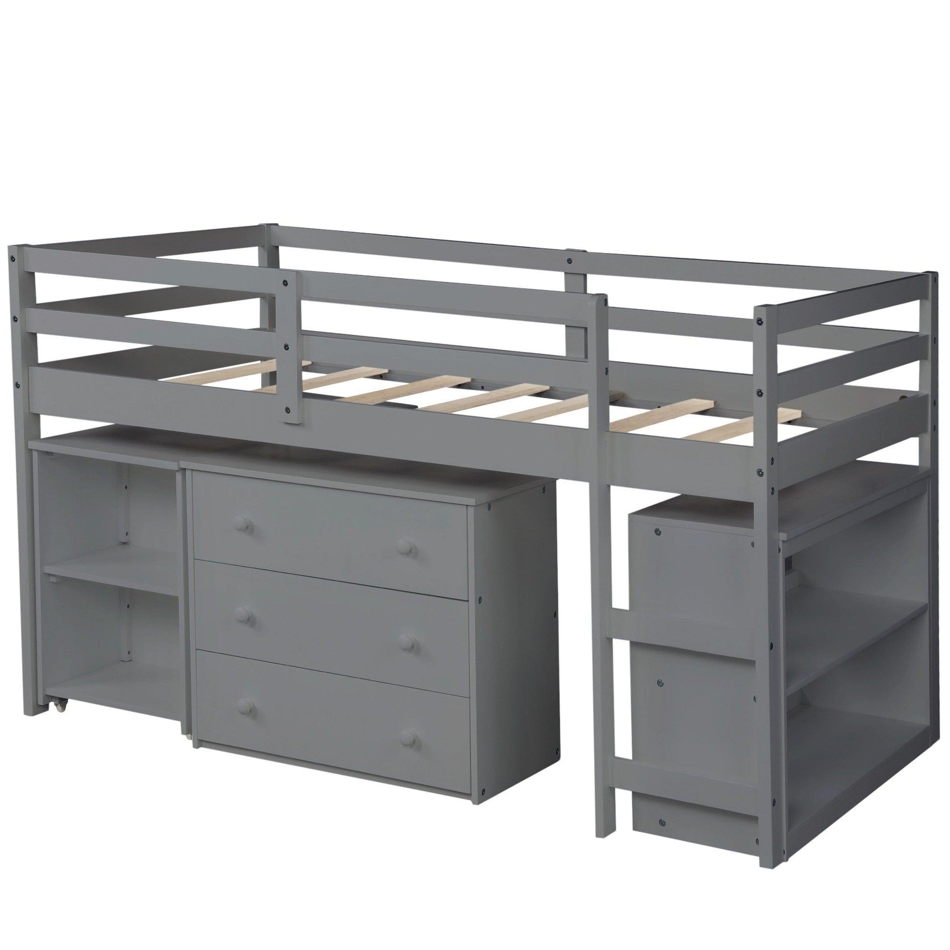Gray Low Twin Loft Bed With Cabinet and Desk - AFS