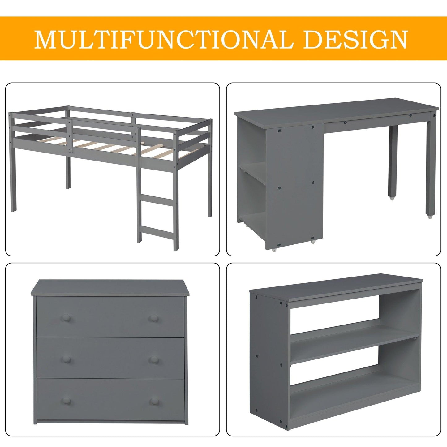 Gray Low Twin Loft Bed With Cabinet and Desk - AFS