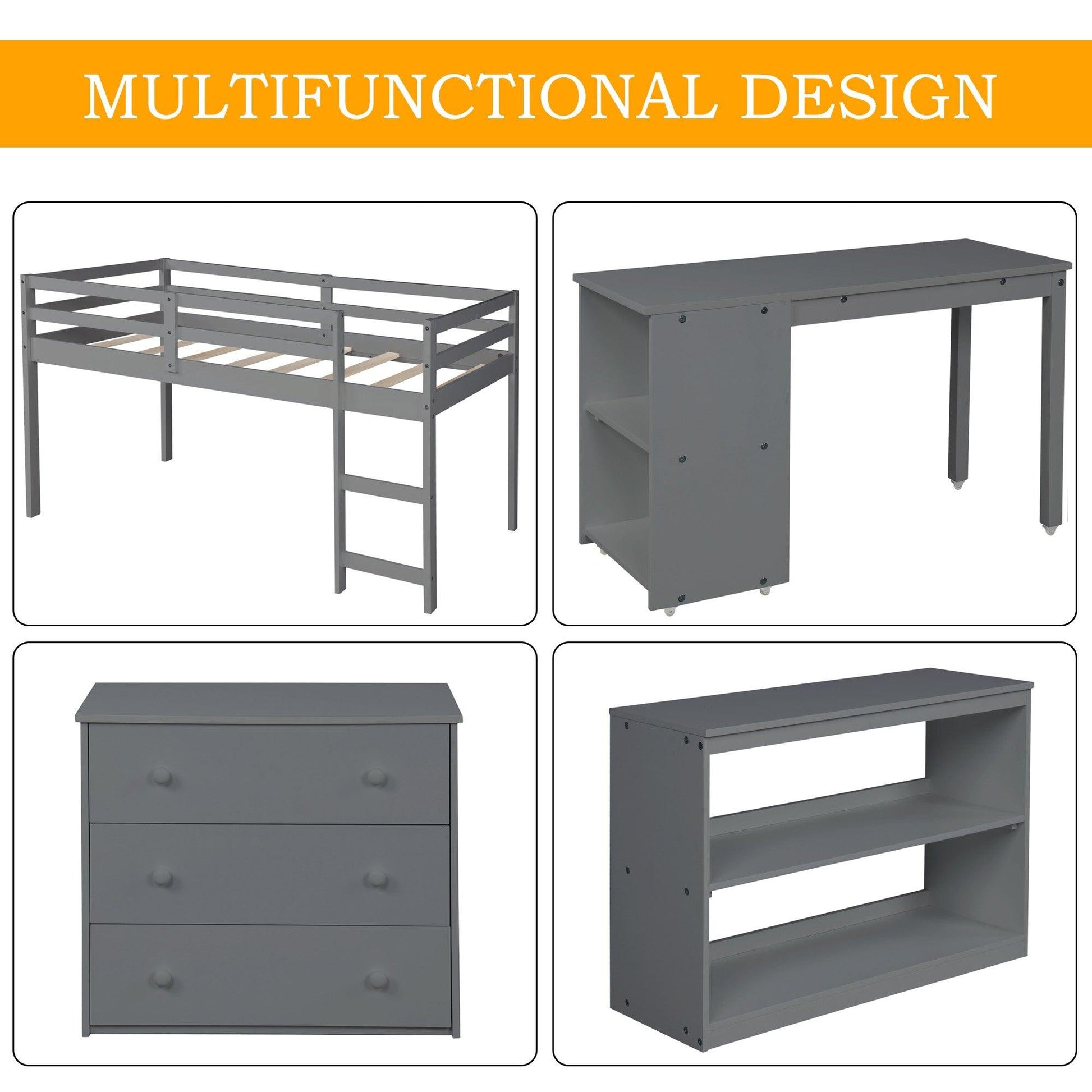 Gray Low Twin Loft Bed With Cabinet and Desk - AFS