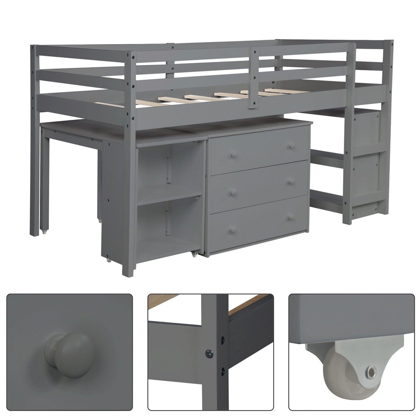 Gray Low Twin Loft Bed With Cabinet and Desk - AFS