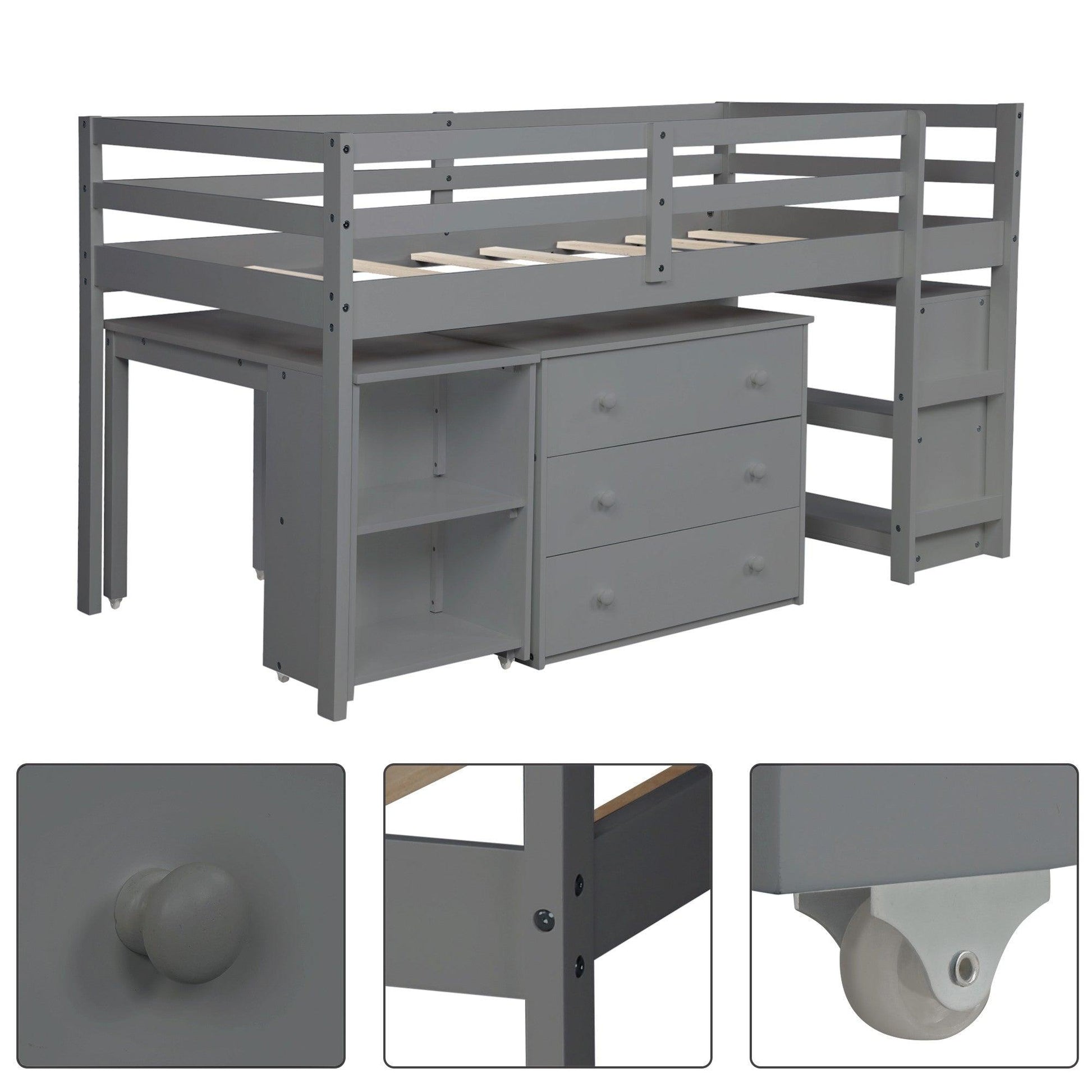 Gray Low Twin Loft Bed With Cabinet and Desk - AFS