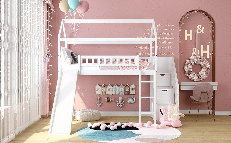Cool White Twin Size Loft Bed with Slide and Storage - AFS