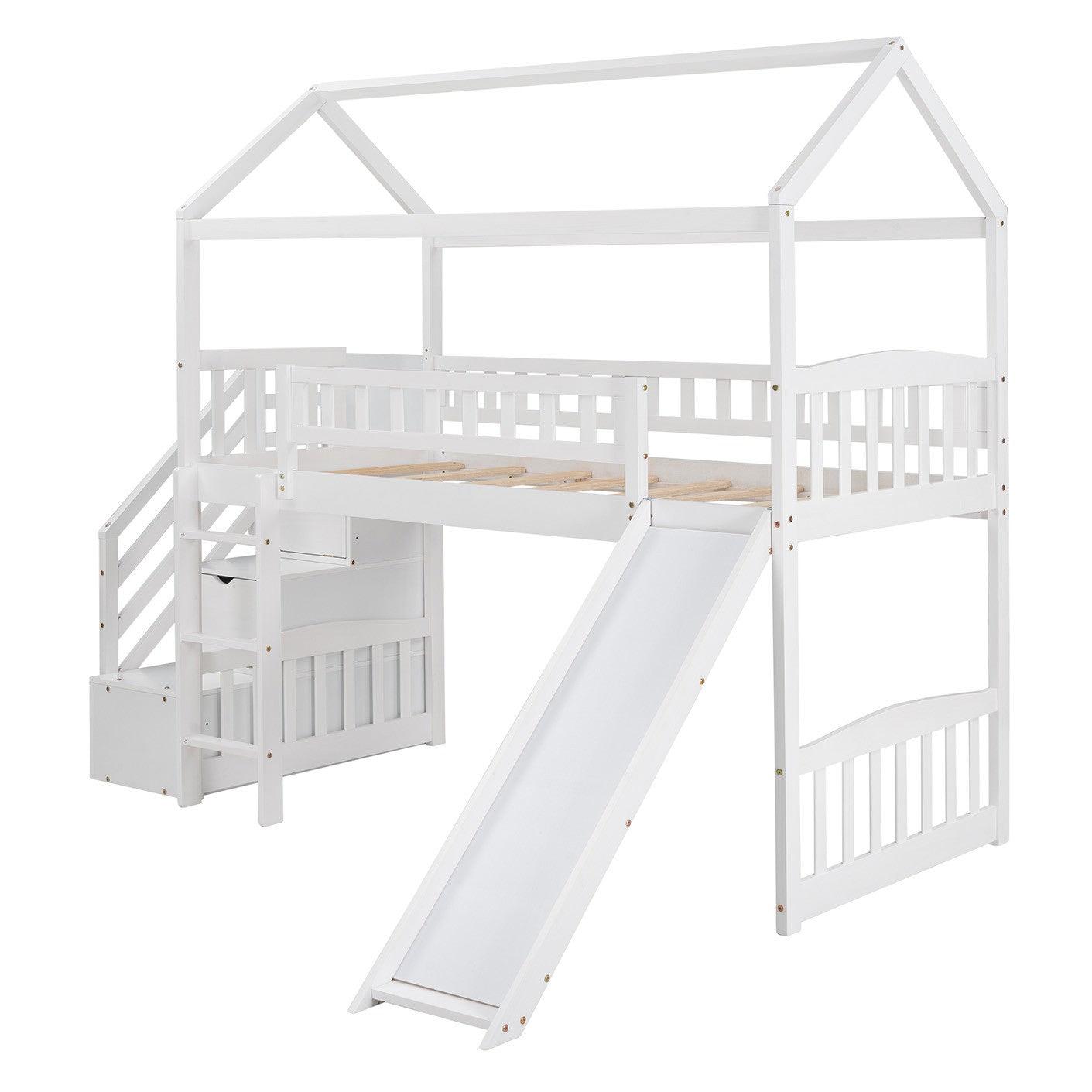 Cool White Twin Size Loft Bed with Slide and Storage - AFS