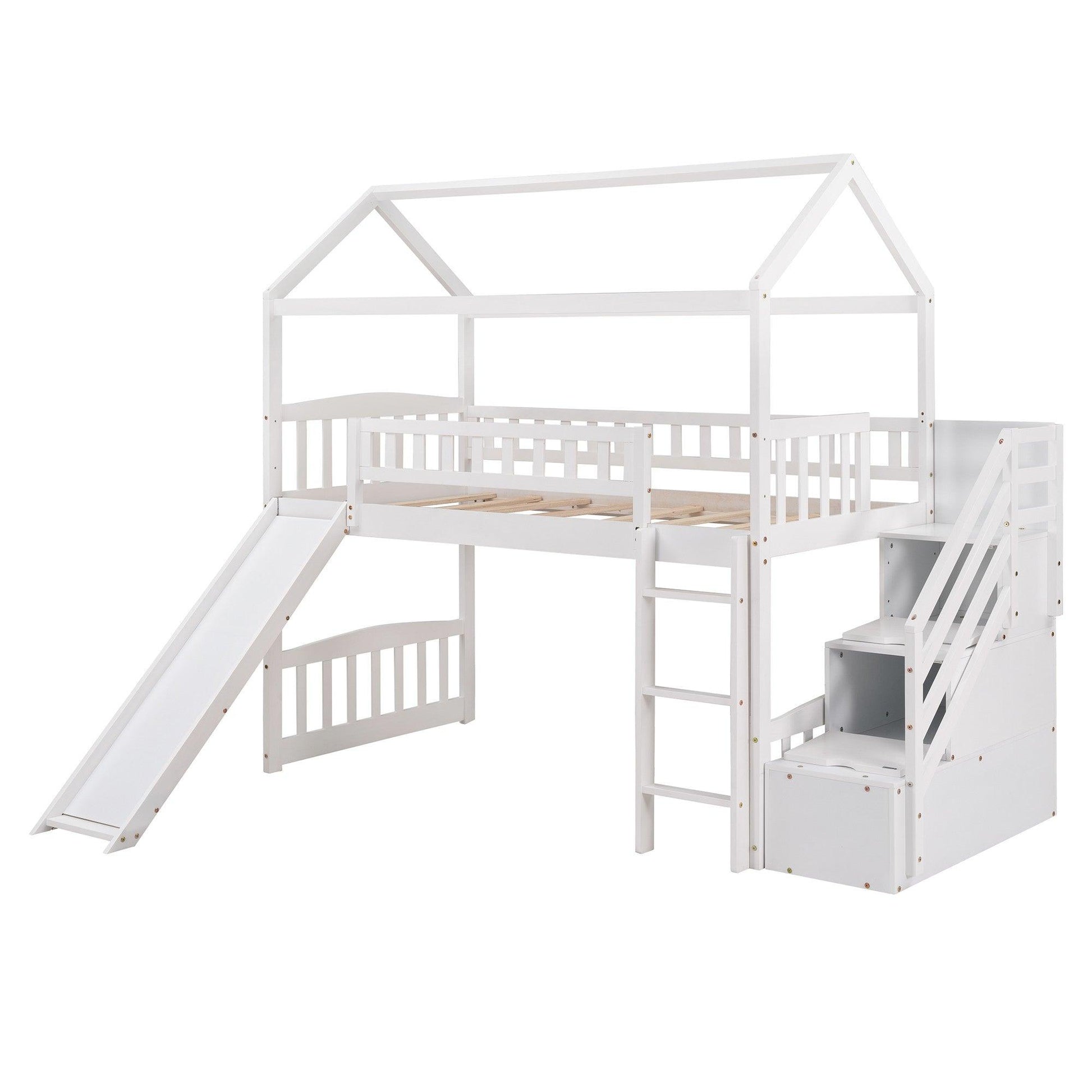 Cool White Twin Size Loft Bed with Slide and Storage - AFS