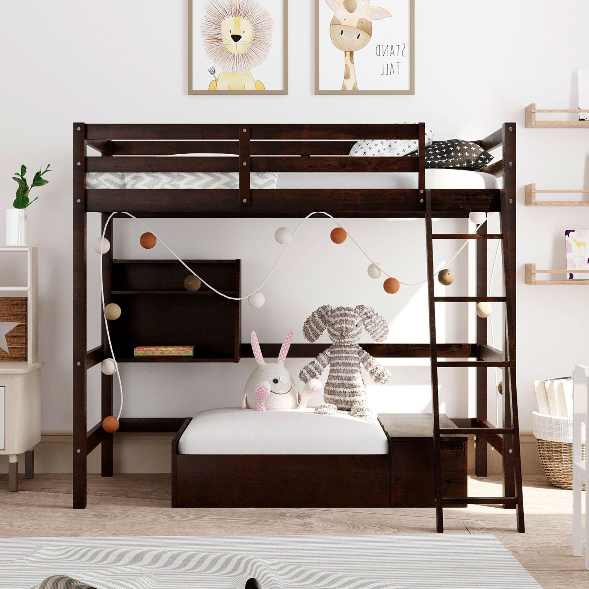 Dark Brown Convertible Twin over Twin Bunk Bed with Storage - AFS