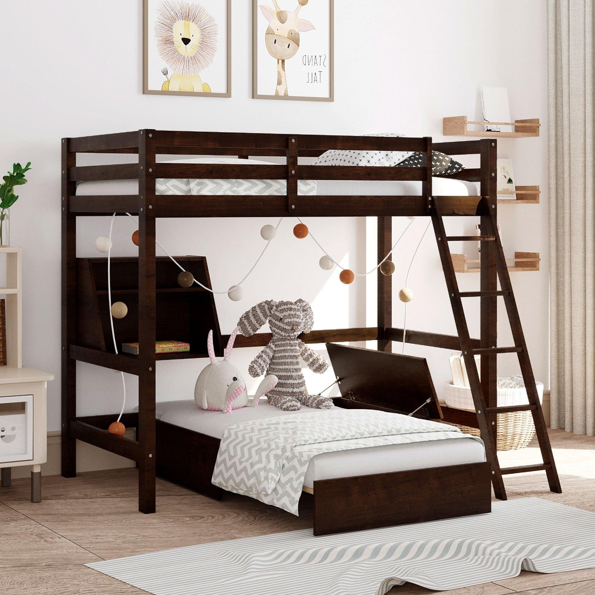 Dark Brown Convertible Twin over Twin Bunk Bed with Storage - AFS