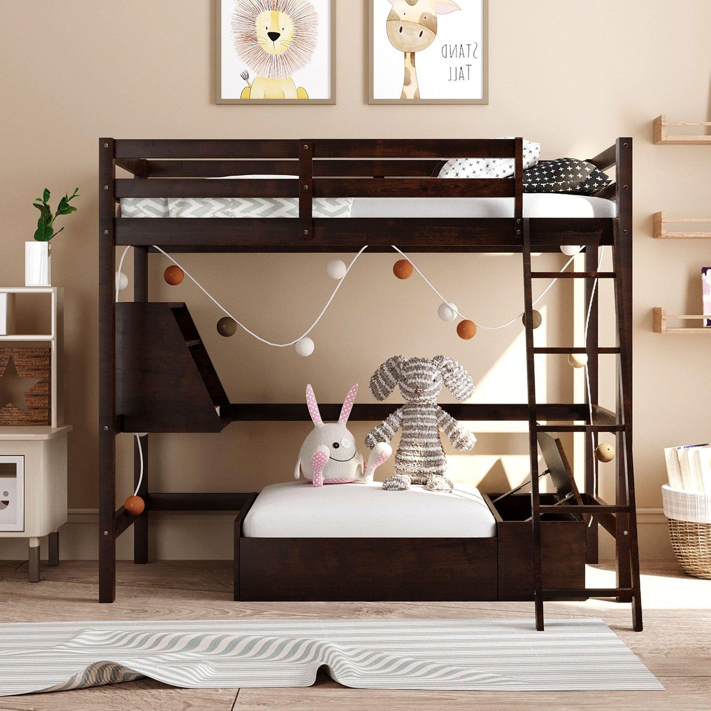 Dark Brown Convertible Twin over Twin Bunk Bed with Storage - AFS