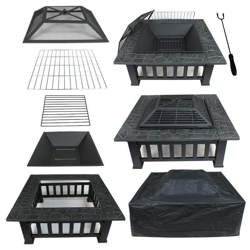 32" Gray Square Charcoal or Wood Burning Fire Pit with Cover - AFS