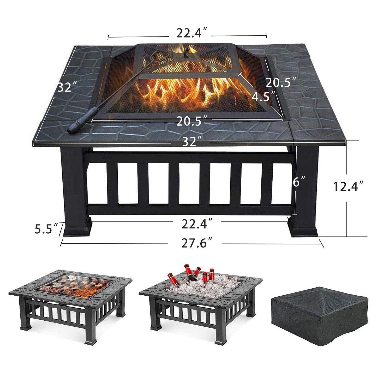 32" Gray Square Charcoal or Wood Burning Fire Pit with Cover - AFS