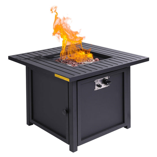 30" Black Square Slat Top Fire Pit Table with Lid - AFS