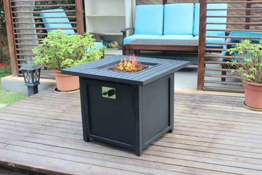 30" Black Square Slat Top Fire Pit Table with Lid - AFS