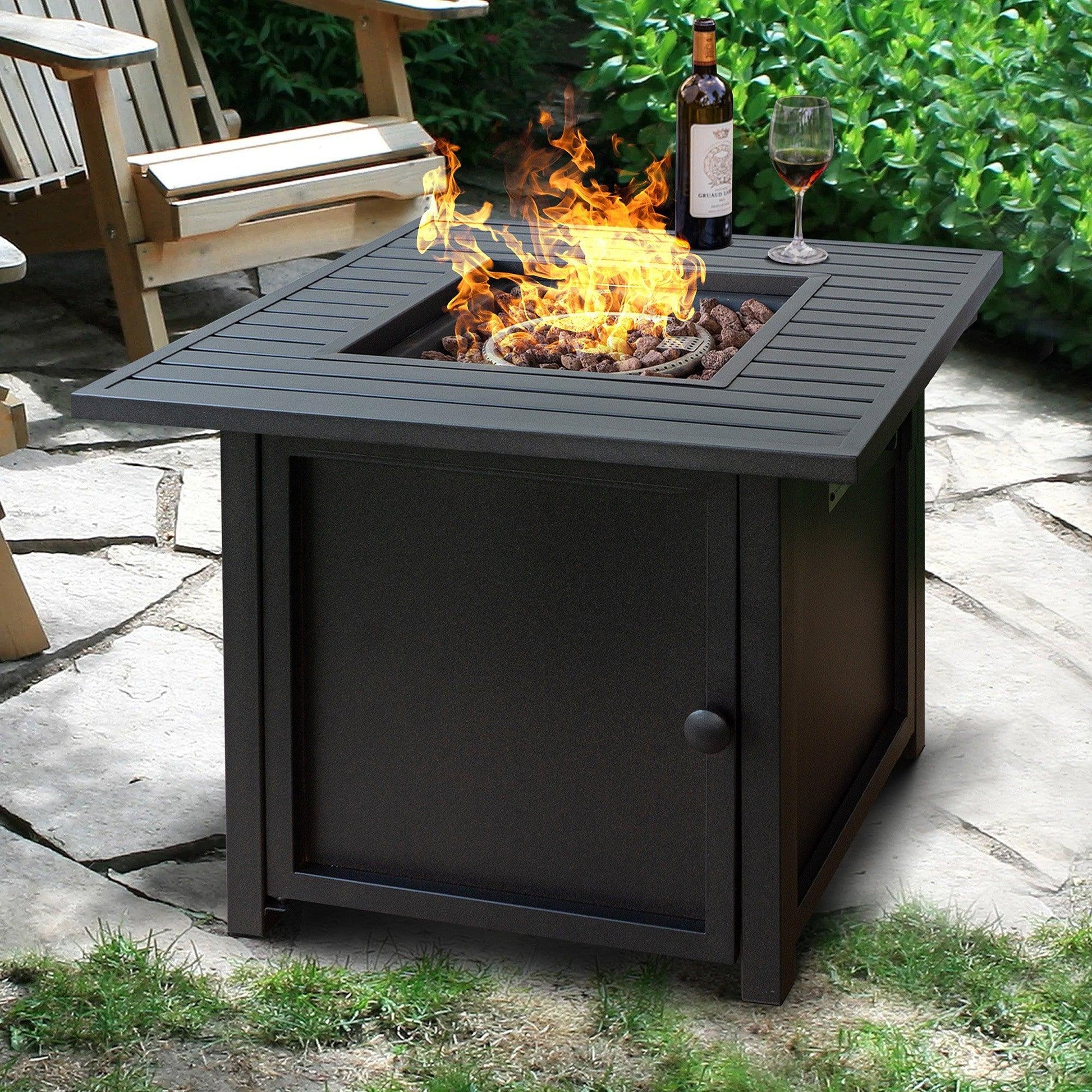 30" Brown Square Slat Top Fire Pit Table with Lid - AFS