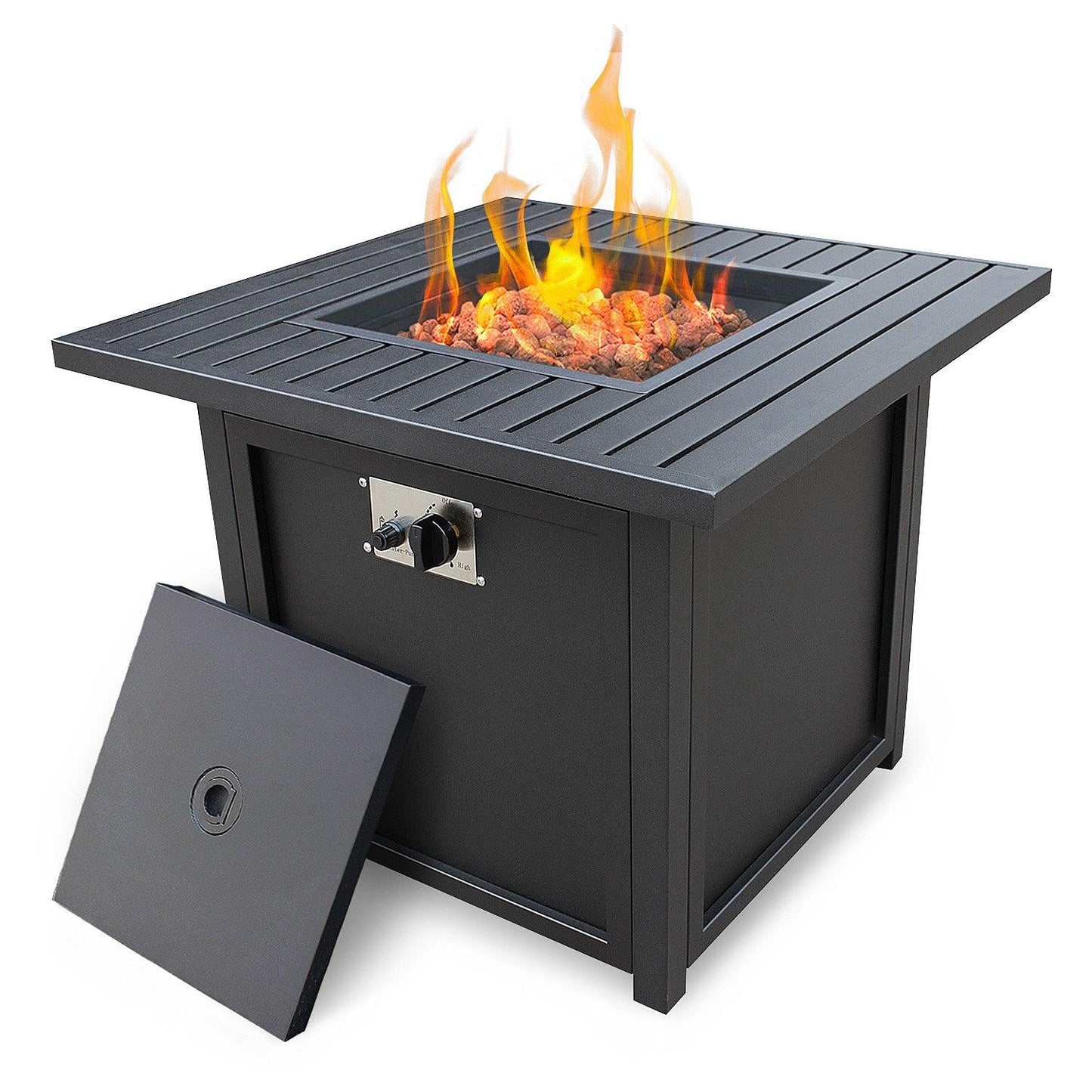 28" Black Square Propane Fire Pit with Lava Rocks and Cover - AFS