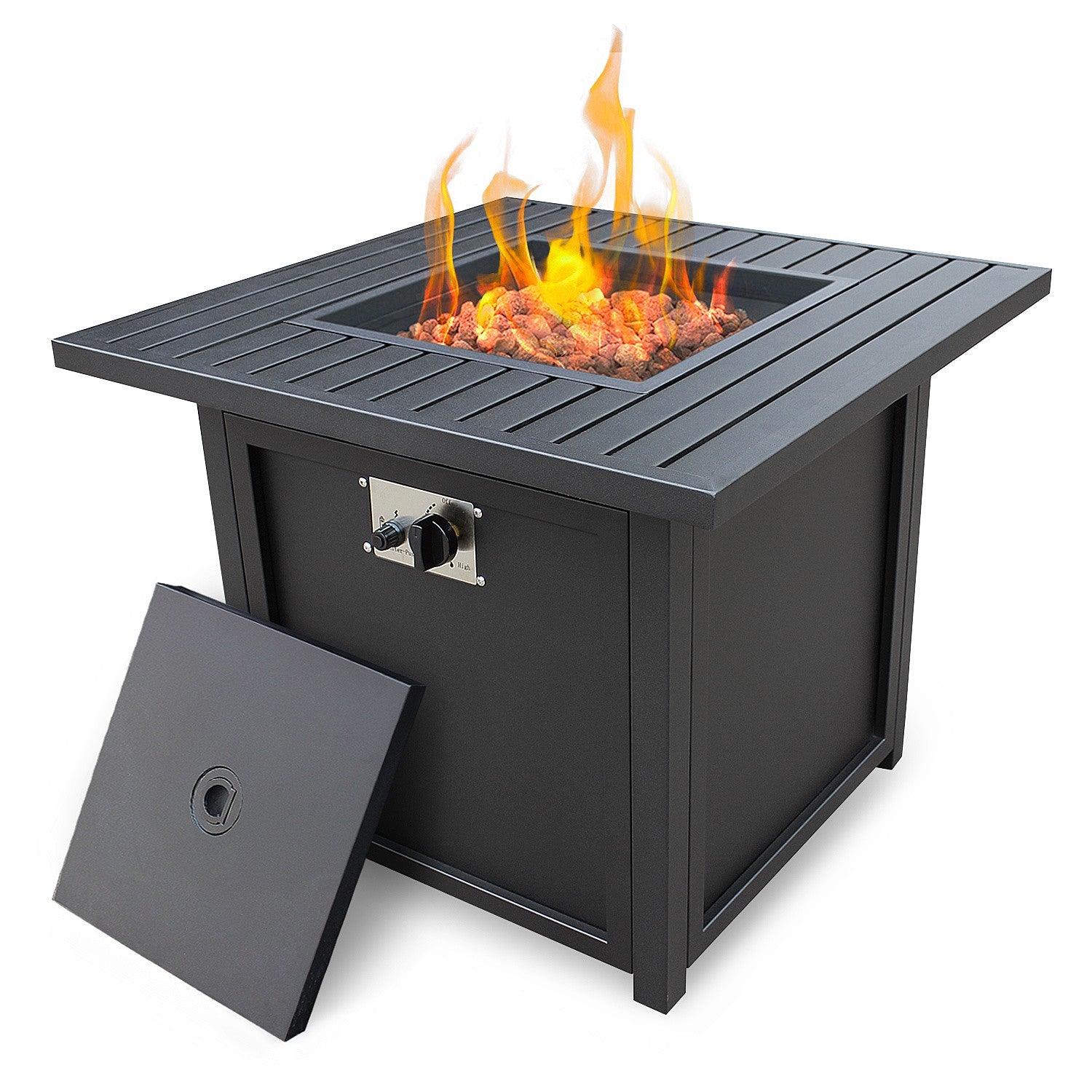 28" Black Square Propane Fire Pit with Lava Rocks and Cover - AFS