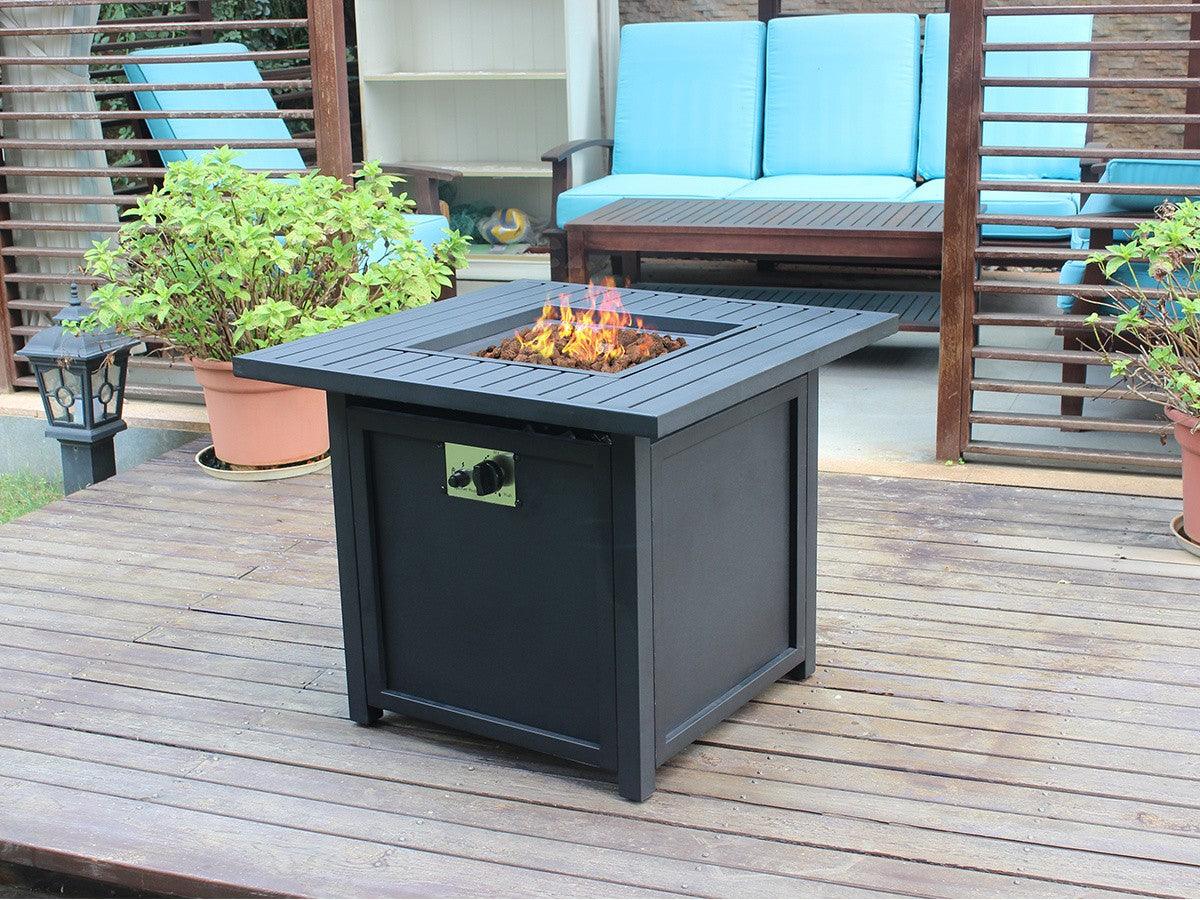 28" Black Square Propane Fire Pit with Lava Rocks and Cover - AFS