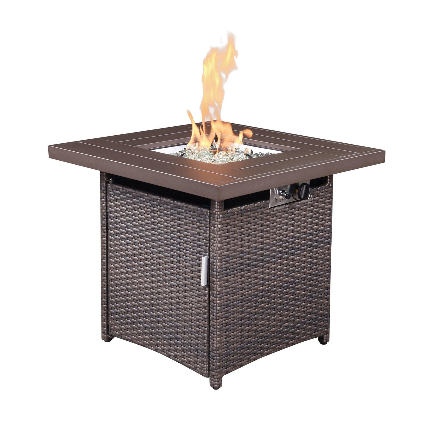 28" Brown Faux Rattan Design Square Propane Fire Pit with Glass Bead Rocks - AFS