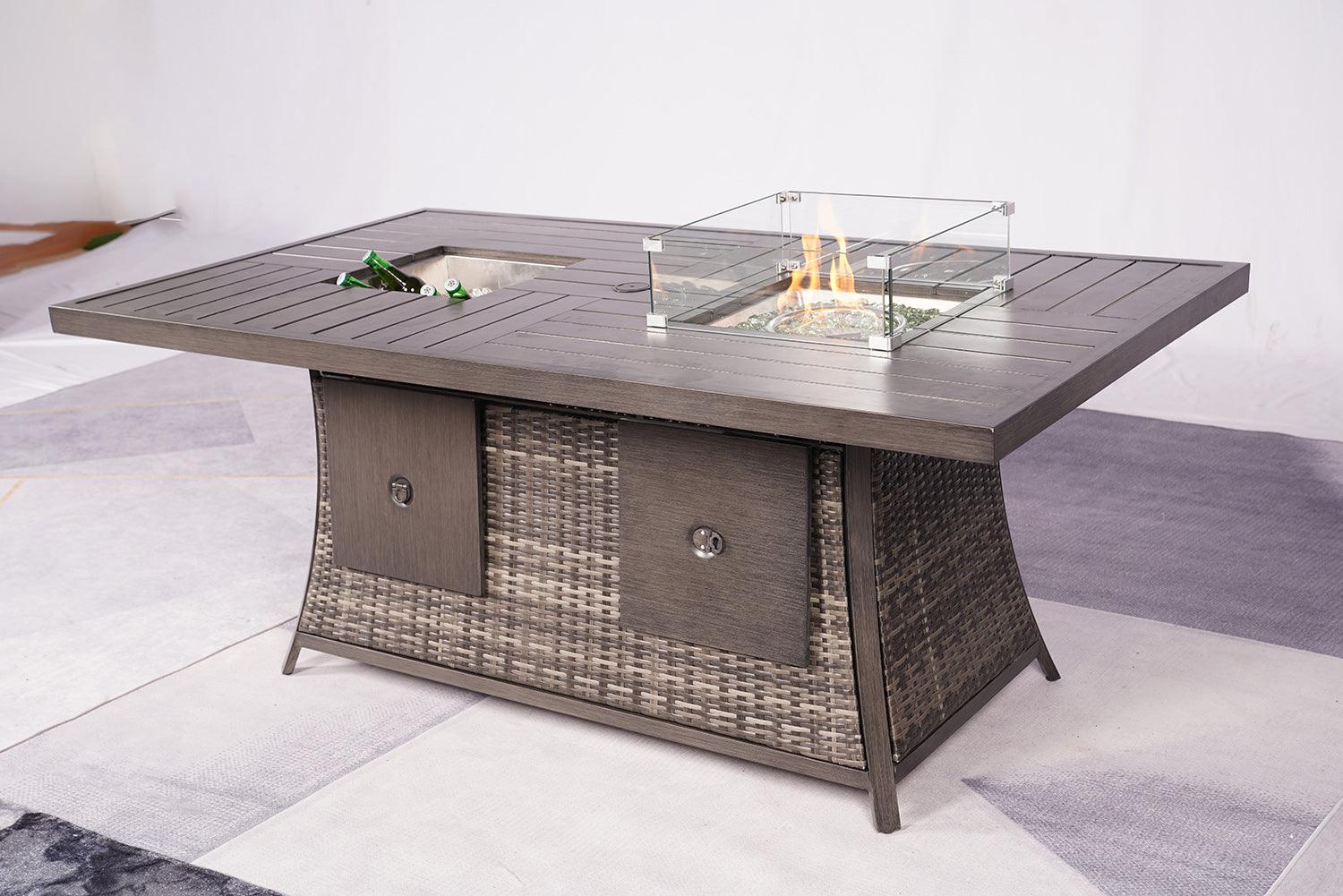 Gray Wicker Outdoor Gas Fire Pit Table with Ice Bucket - AFS