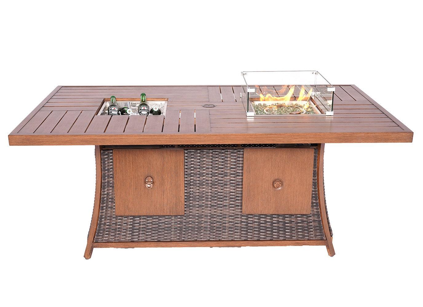 Brown Wicker Outdoor Gas Fire Pit Table with Ice Bucket - AFS