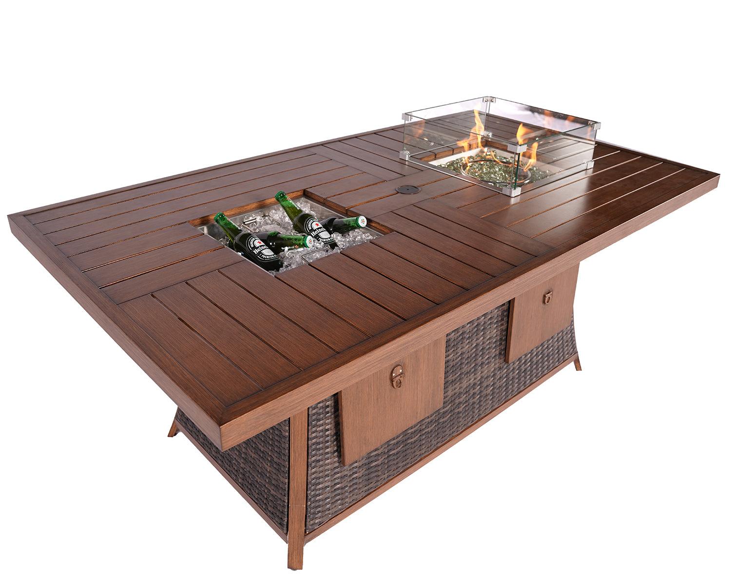 Brown Wicker Outdoor Gas Fire Pit Table with Ice Bucket - AFS